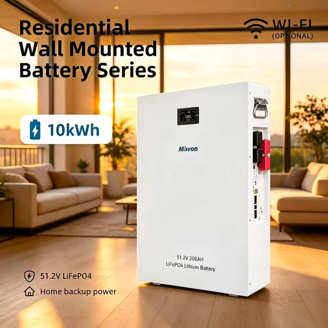 Residential Wall-Mounted 10.24kWh LiFePO4 Battery 51.2V 200Ah Solar Home Energy Storage Off-Grid Power Supply with Smart WiFi Monitor