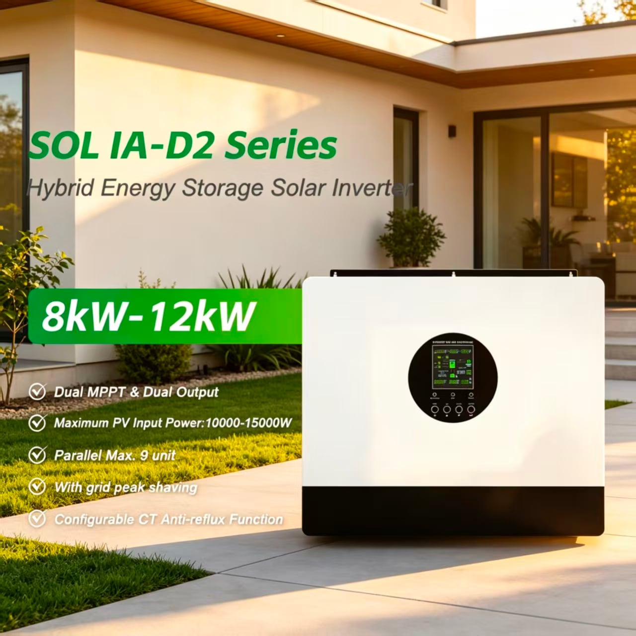 MINVON SOL IA-D2 Series Integrated Hybrid Solar Inverter 8KW/10KW/12KW Dual MPPT Whole House Solar Backup Power Inverter With Peak Shaving & CT Anti-Reflux Function