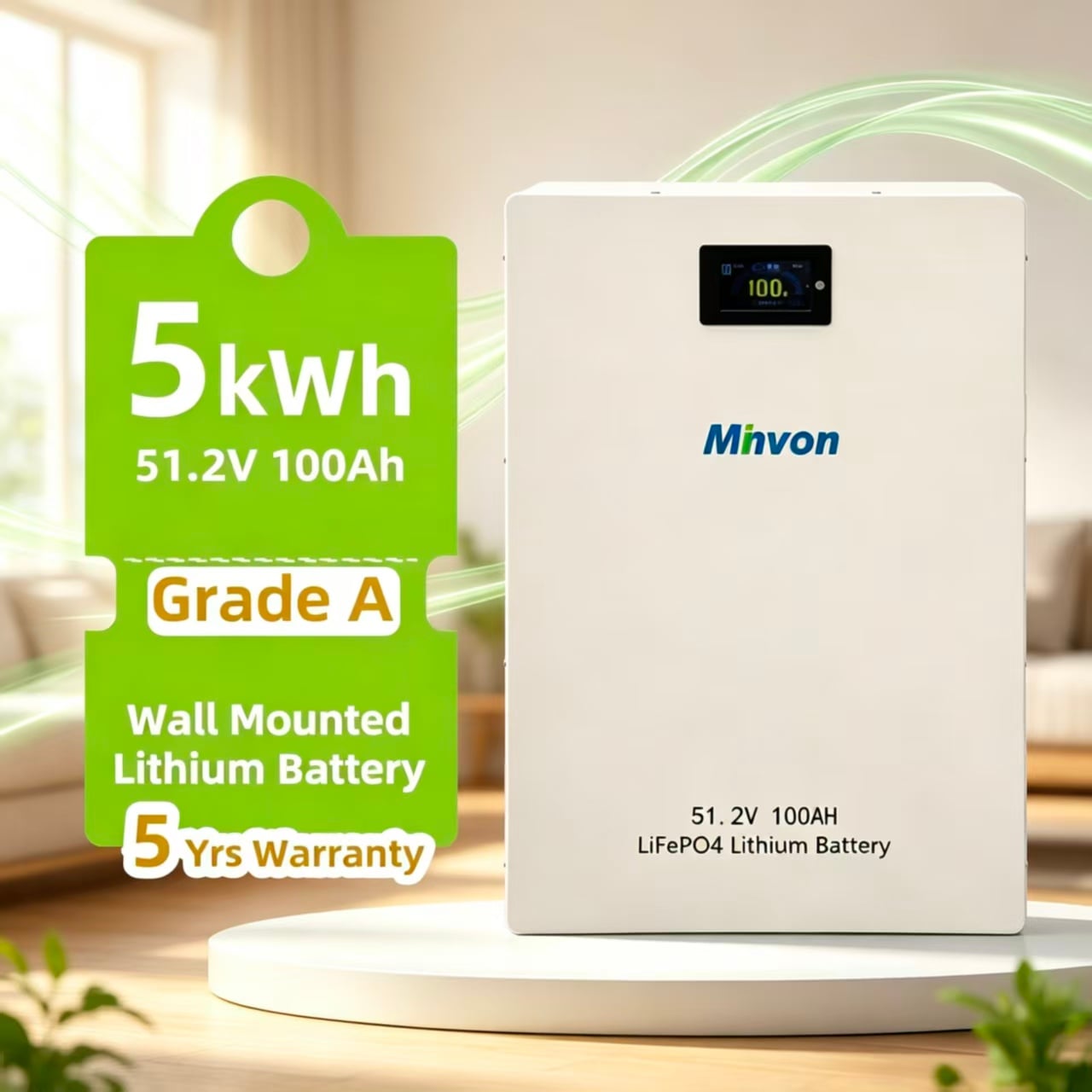 MINVON Wall Mount LiFePO4 Battery 51.2V 100Ah 5.12kWh, Grade A Lithium Iron Phosphate Battery, Built-in BMS, Home Solar Energy Storage Backup Power