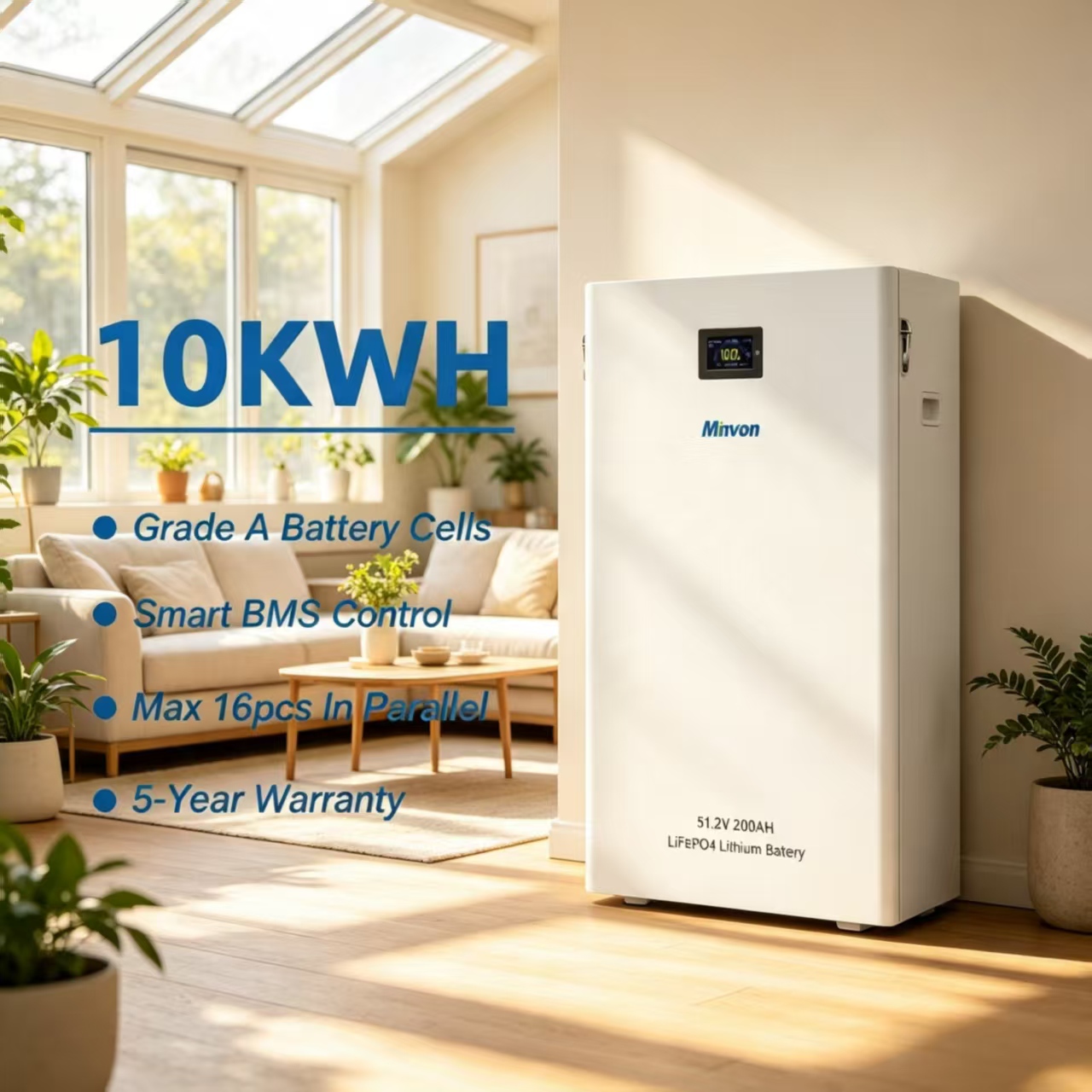 10.24kWh MINVON Wall Mount LiFePO4 Battery 51.2V 200Ah Grade A Cells, Residential Off-Grid Solar Storage Battery For Family Emergency Power Supply