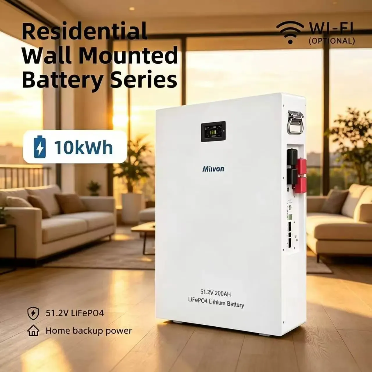 MINVON 10.24kWh Wall‑Mounted LiFePO4 Lithium Battery 51.2V 200Ah, Grade A Cells Smart BMS, Home Backup Power Solar Energy Storage Battery for Residential Off‑Grid Applications