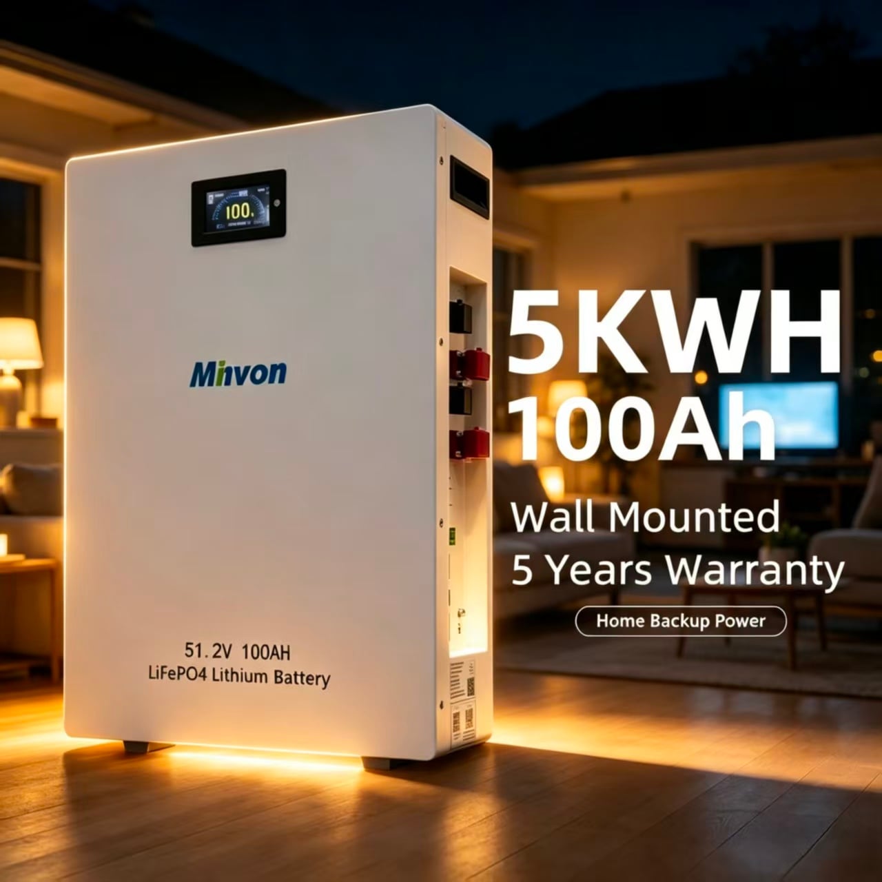 MINVON Wall Mount LiFePO4 Battery 51.2V 100Ah 5.12kWh | Home Energy Storage Backup Power for Power Outage, Household Solar System