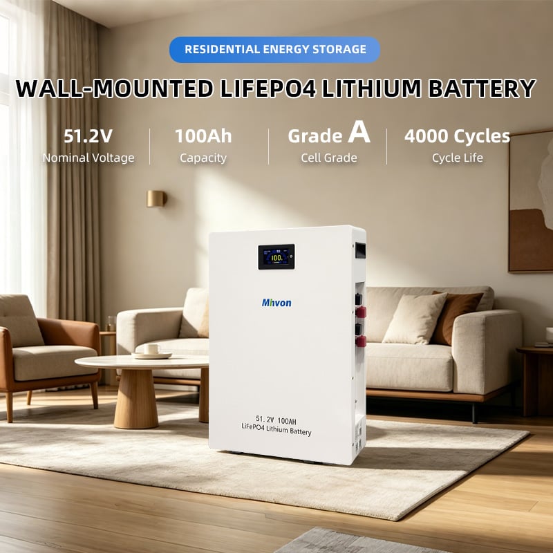 51.2V 100Ah 5kWh Wall-Mounted LiFePO4 Battery Pack, Built-in BMS, for Off-Grid/Grid-Tie Solar System