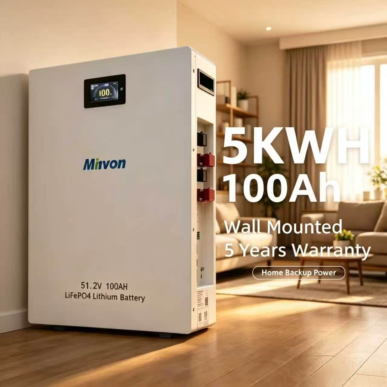 MINVON 5.12kWh Wall-Mounted LiFePO4 Battery 51.2V 100Ah, Residential Solar Energy Storage System, Emergency Blackout Backup Power, 5000+ Deep Cycles Safe Lithium Iron Phosphate Battery