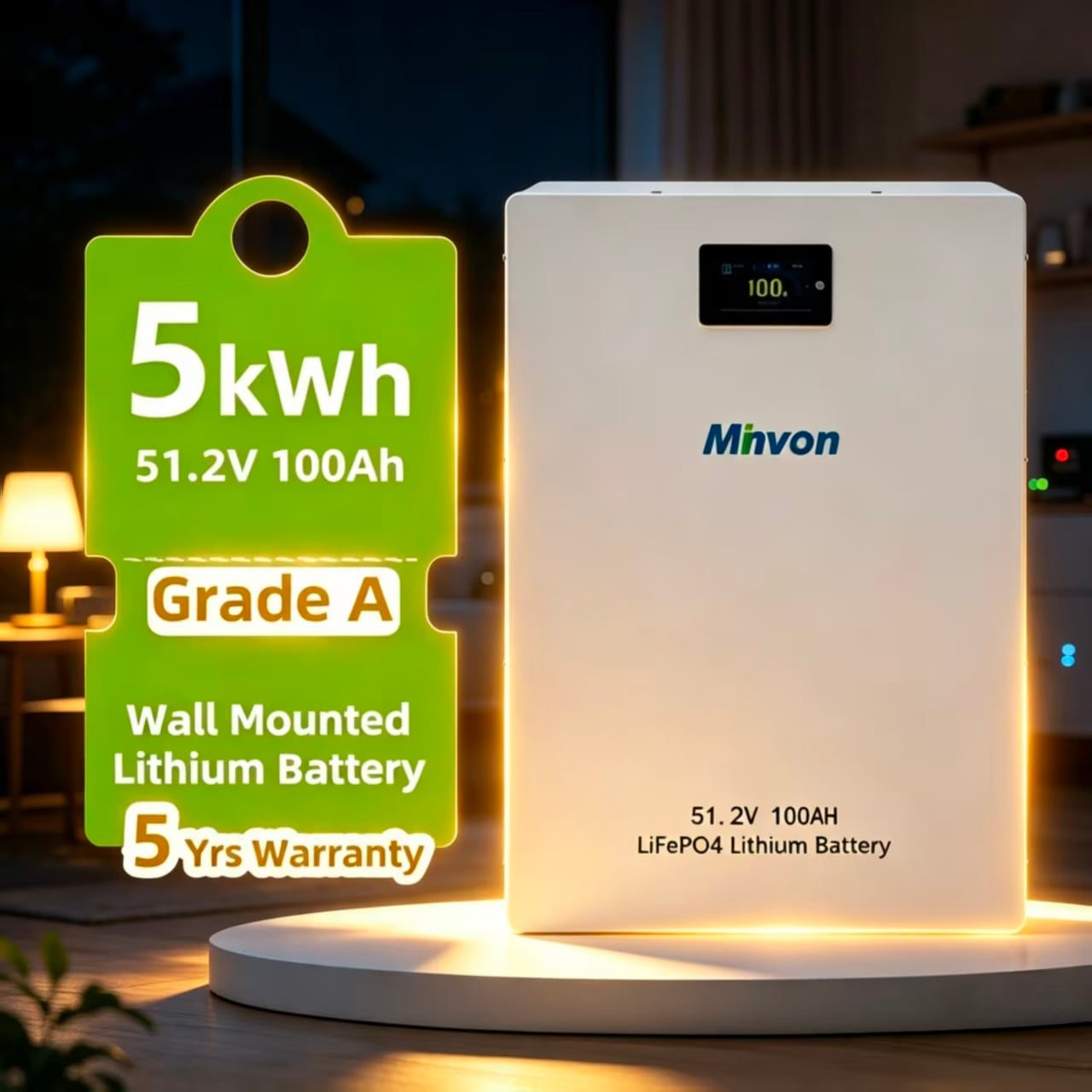 MINVON Wall Mount LiFePO4 Battery 51.2V 100Ah 5.12kWh | Home Energy Storage Backup Power for Power Outage, Household Solar System
