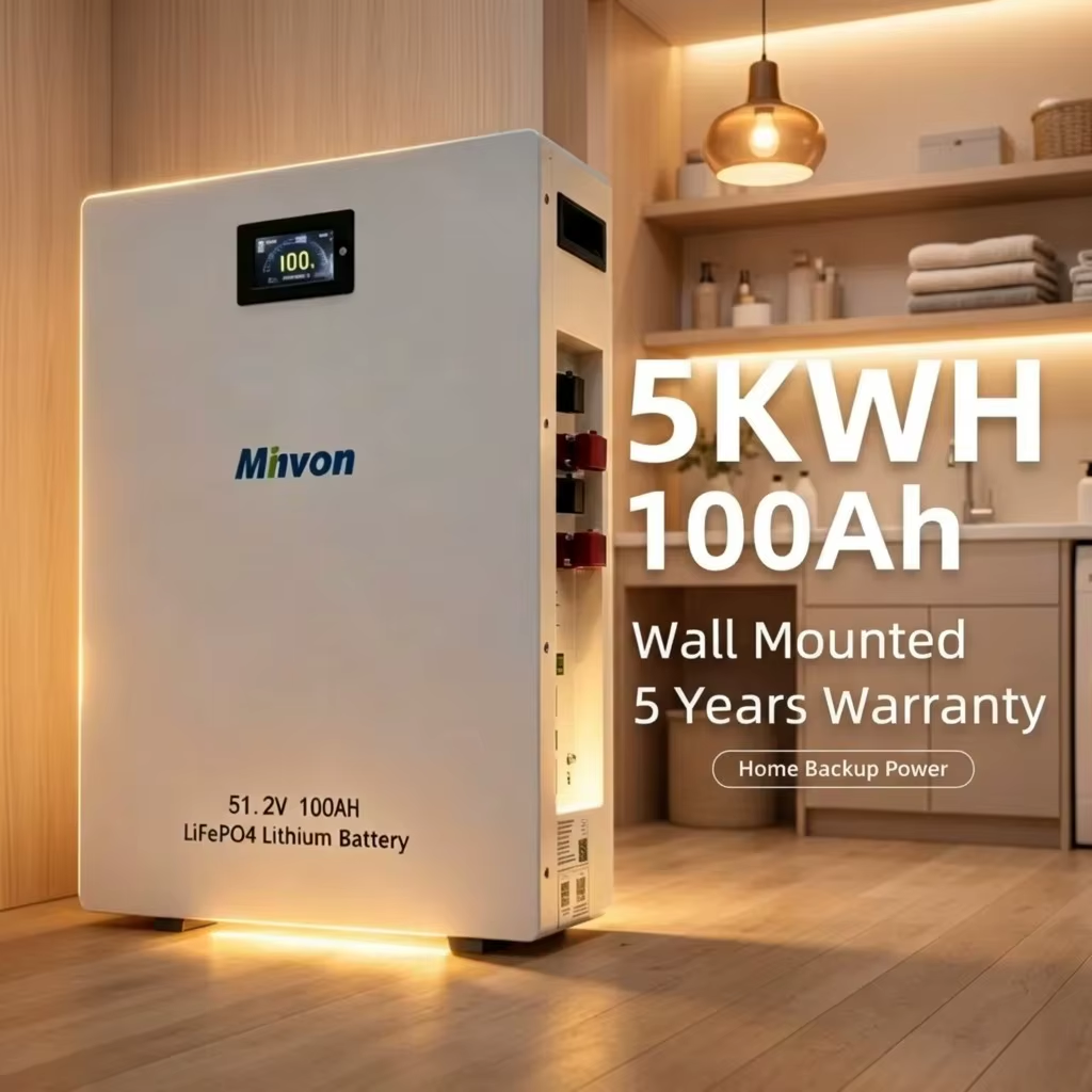 MINVON Wall‑Mount LiFePO4 Battery 51.2V 100Ah 5.12kWh | Home Solar Energy Storage Backup Battery for Grid Outage & RV Off‑Grid System