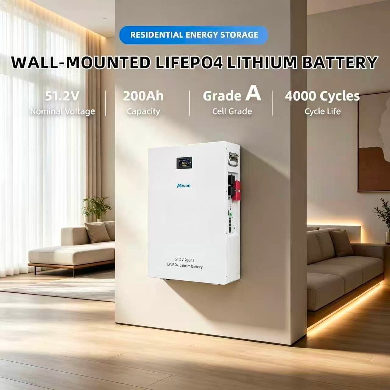MINVON 10.24kWh Wall‑Mounted LiFePO4 Lithium Battery 51.2V 200Ah, Grade A Cells Smart BMS, Home Backup Power Solar Energy Storage Battery for Residential Off‑Grid Applications