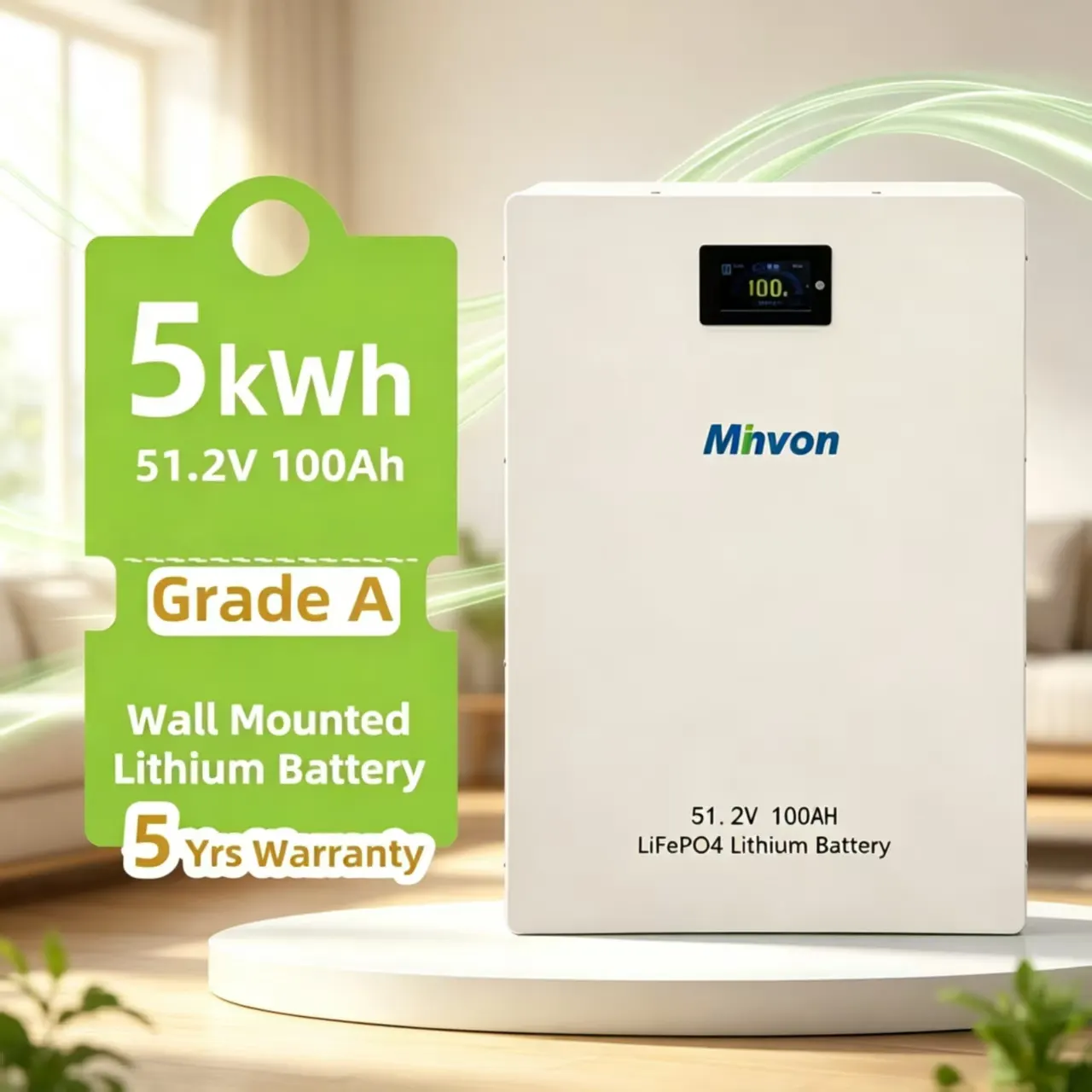 51.2V 100Ah 5kWh LiFePO4 Lithium Battery 48V Wall Mounted Solar Battery Home Energy Storage Grade A Cells Smart BMS Off Grid