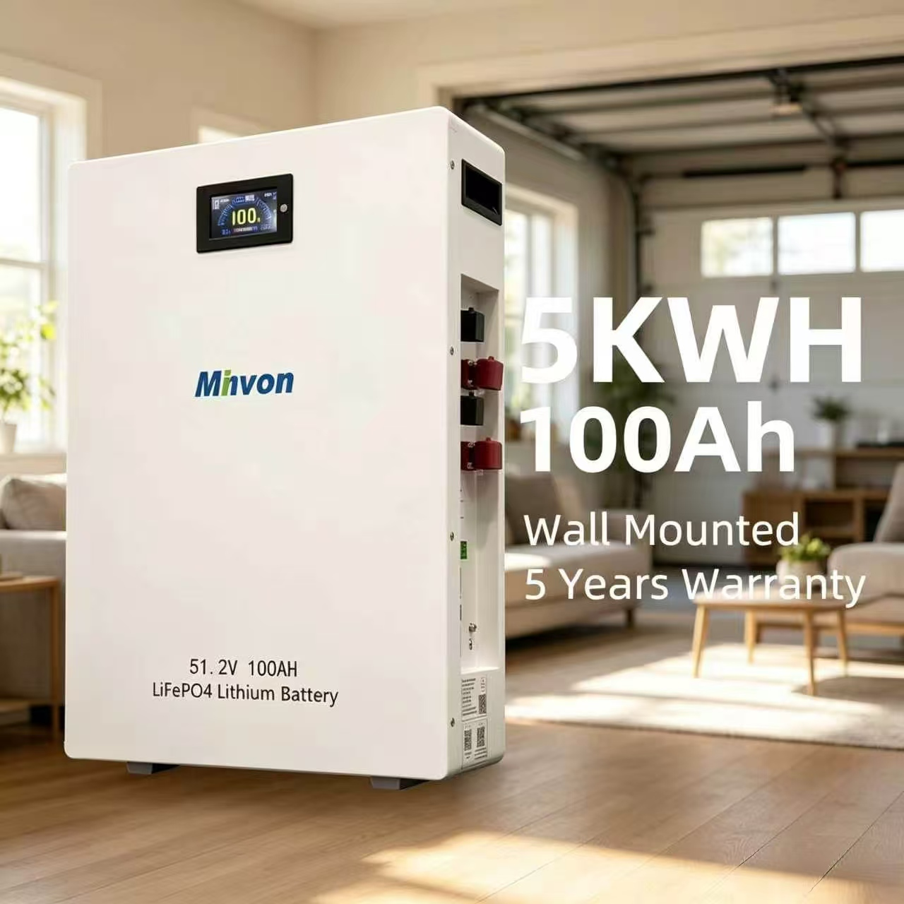 MINVON Wall Mount LiFePO4 Battery 51.2V 100Ah 5.12kWh, Grade A Lithium Iron Phosphate Battery, Built-in BMS, Home Solar Energy Storage Backup Power