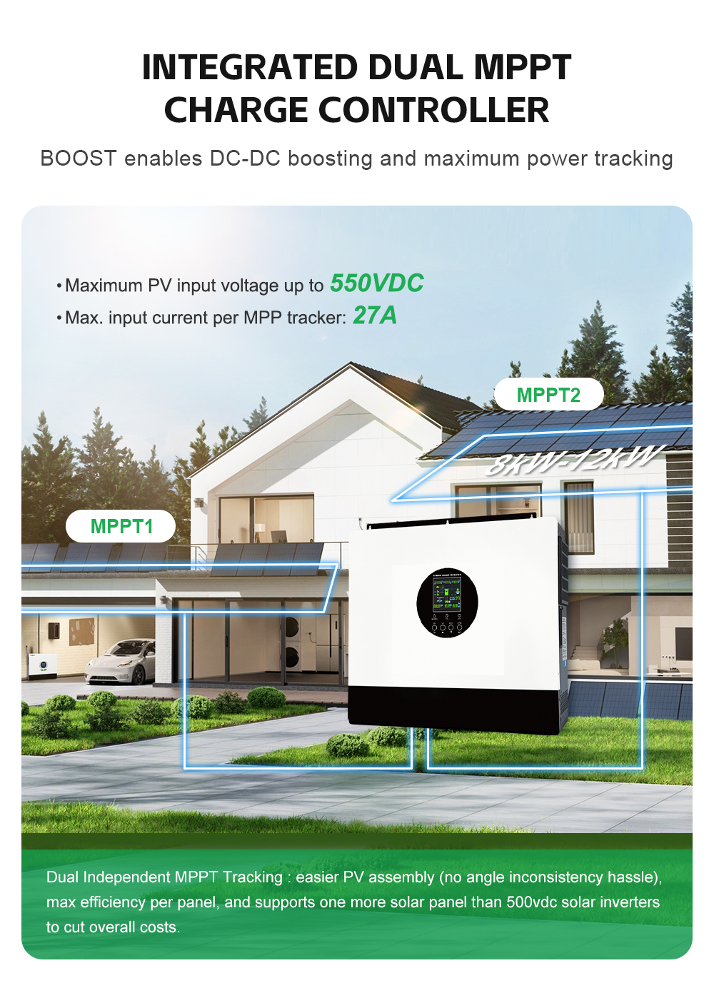 HYBRID SOLAR INVERTER 8KW/10KW/12KW Dual MPP trackers Supports parallel operation Maximum PV input voltage up to 550VDC suitable for household and commercial usage manufacture