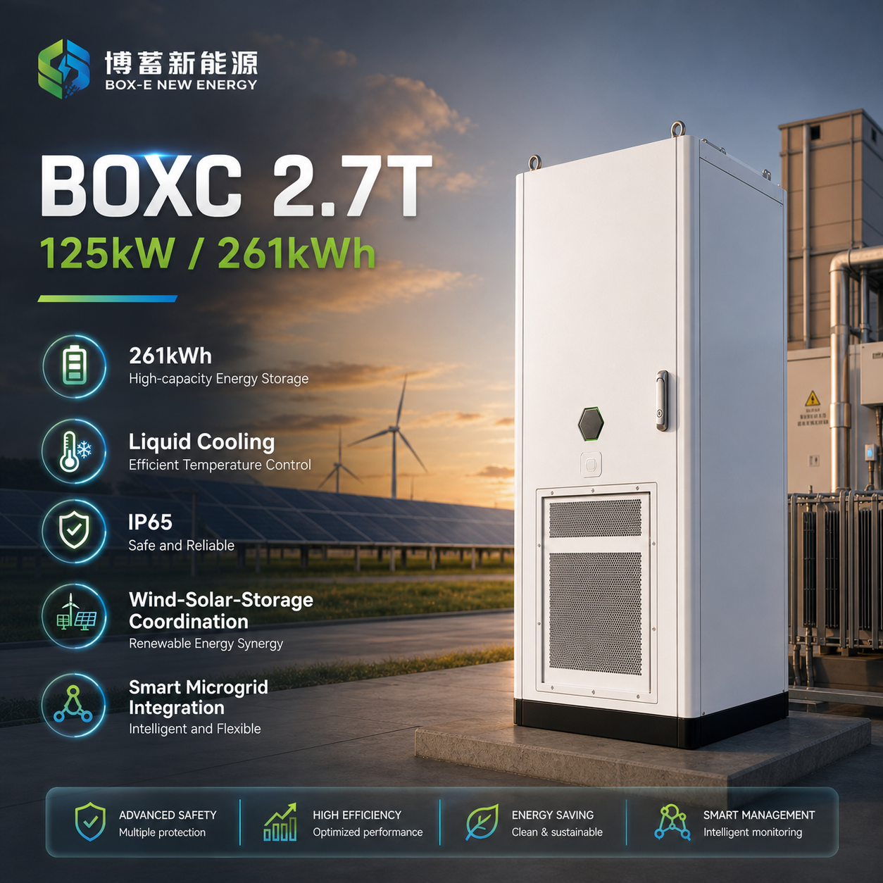 8000Cycle Life 261kWh Solar Energy Storage Cabinet LiFePO4 Liquid Cooling IP55 Protection