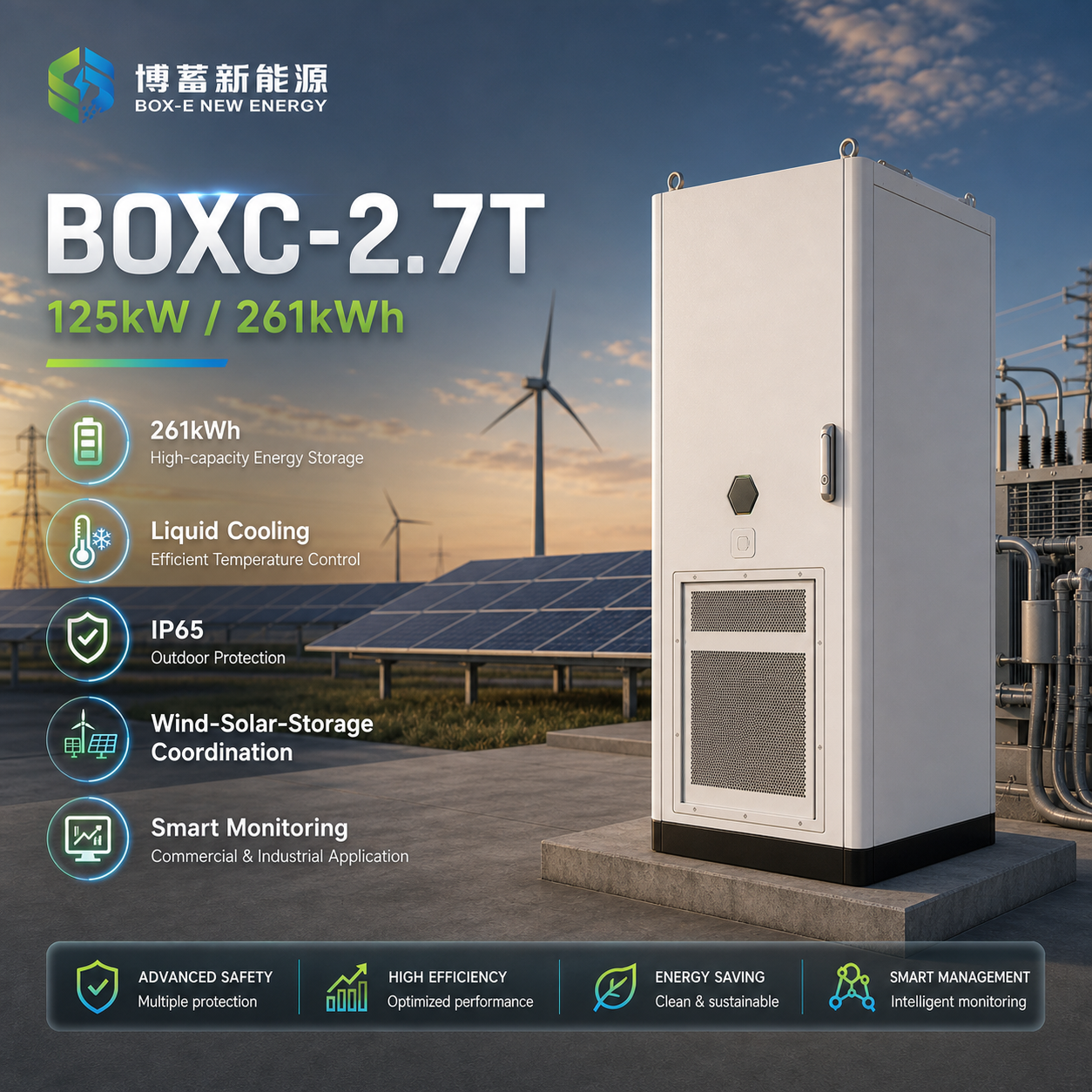 261kWh 125kW LiFePO4 Liquid Cooling IP55 Protection Energy Storage Cabinet Smart BMS
