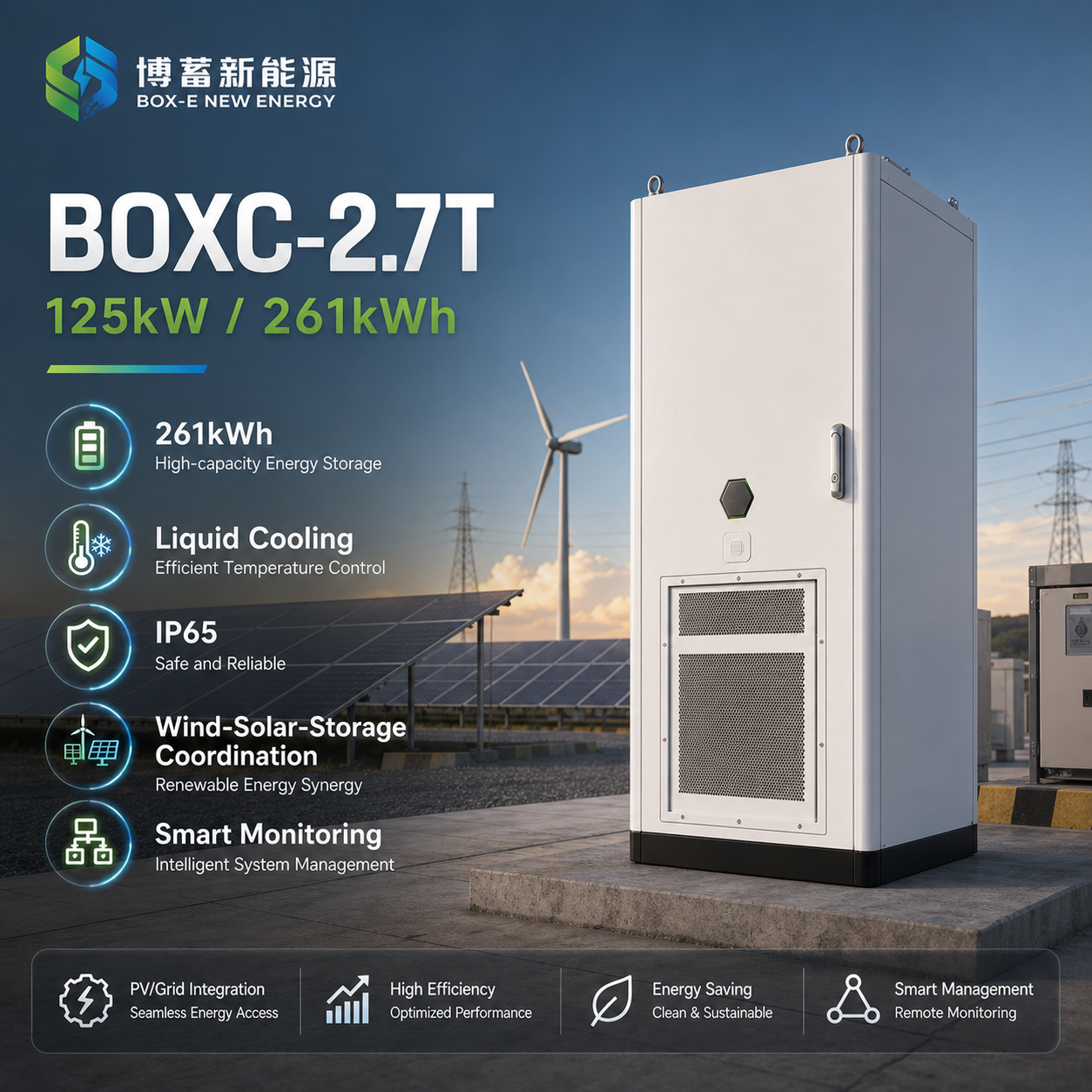Solar Energy Storage Cabinet 261kWh Smart BMS IP55 CAN/RS485 Commercial Backup Power