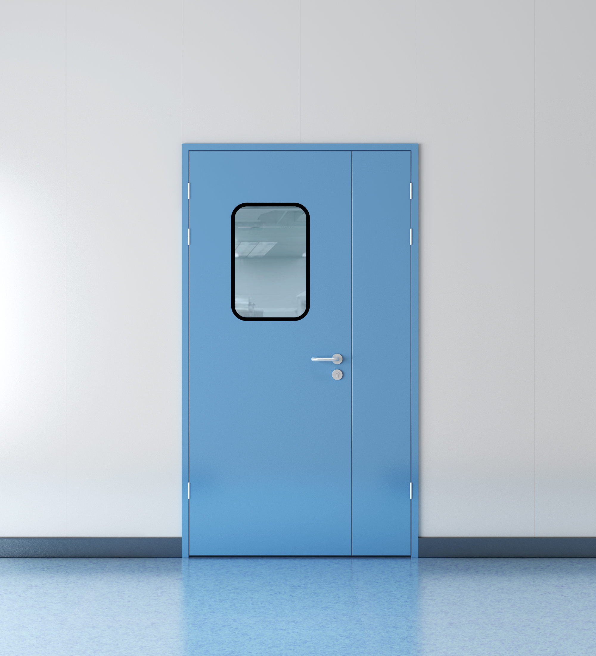 Why is a pass-through door used in pharmaceutical cleanroom corridors to minimize opening?