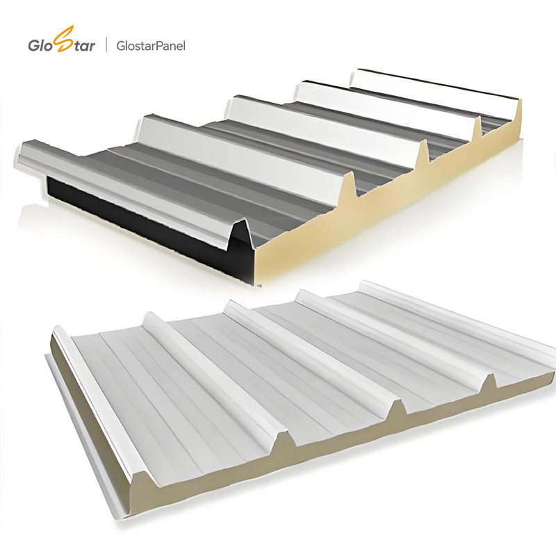 Sandwich panel roof with standing seam clips eliminates through-fasteners for better water tightness.