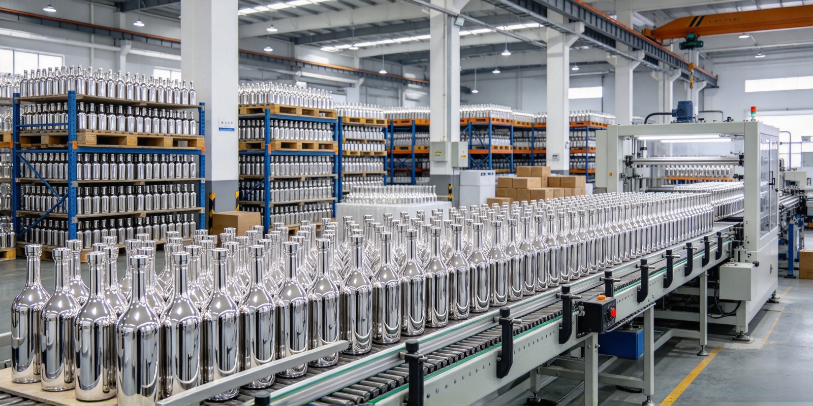 Mass production of electroplated tequila bottles — in-house plating line at 1,400 units per day