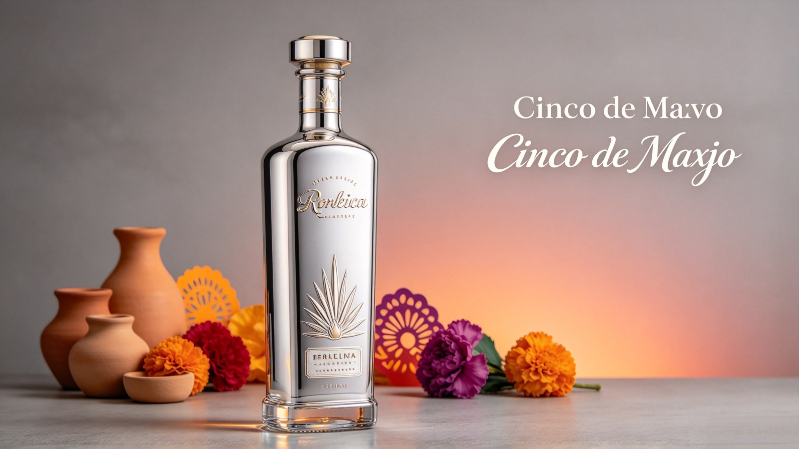 Electroplated silver tequila bottle with screen-printed Cinco de Mayo limited edition design