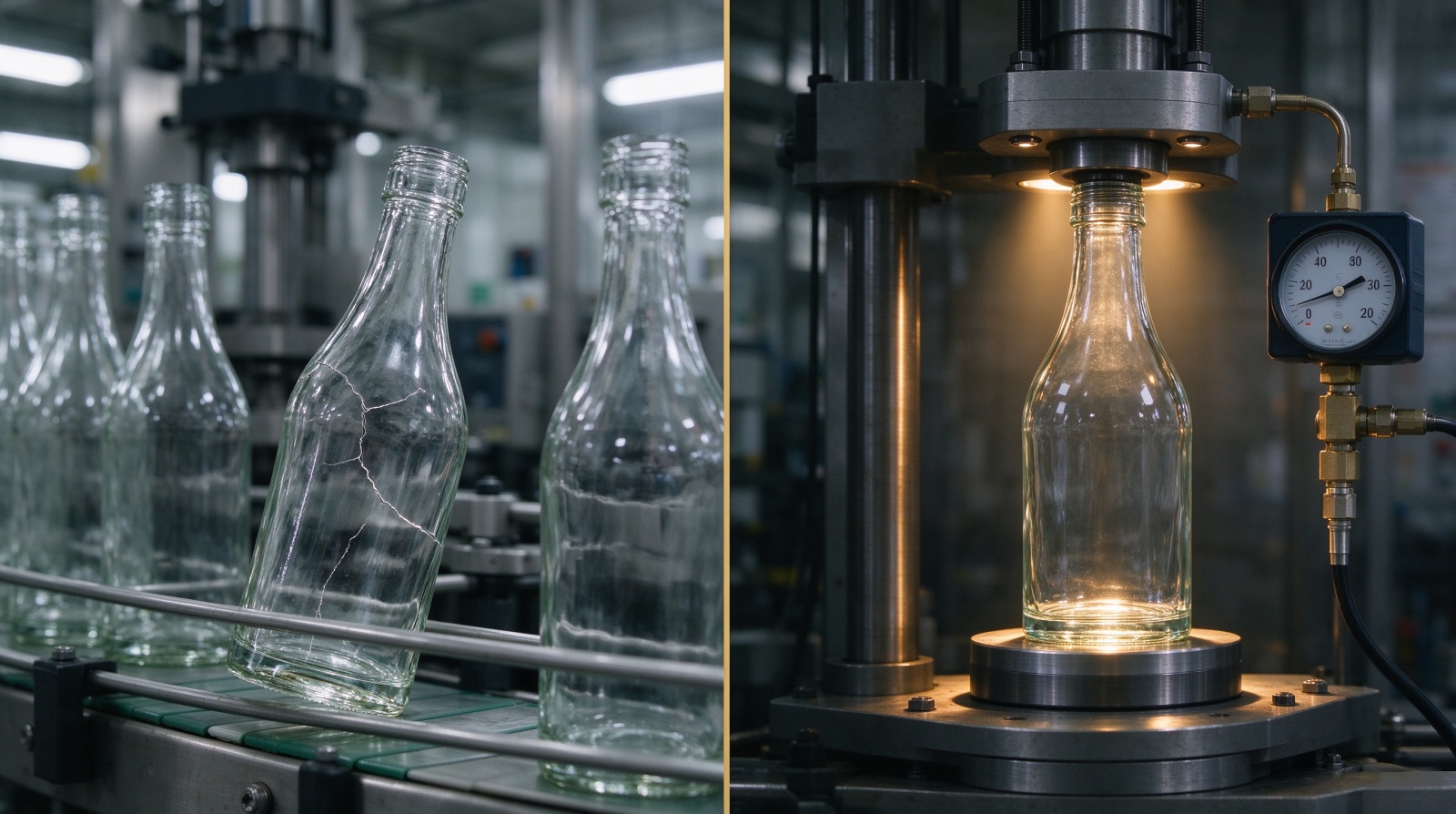 Glass soju bottle filling line breakage and machine pressure test — quality control challenge