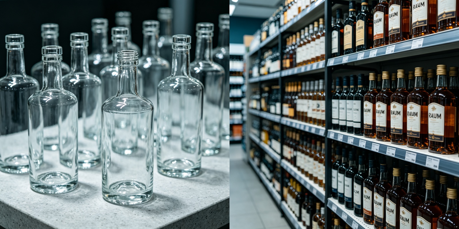 Standard 700ml square rum bottles on a German premium liquor retail shelf