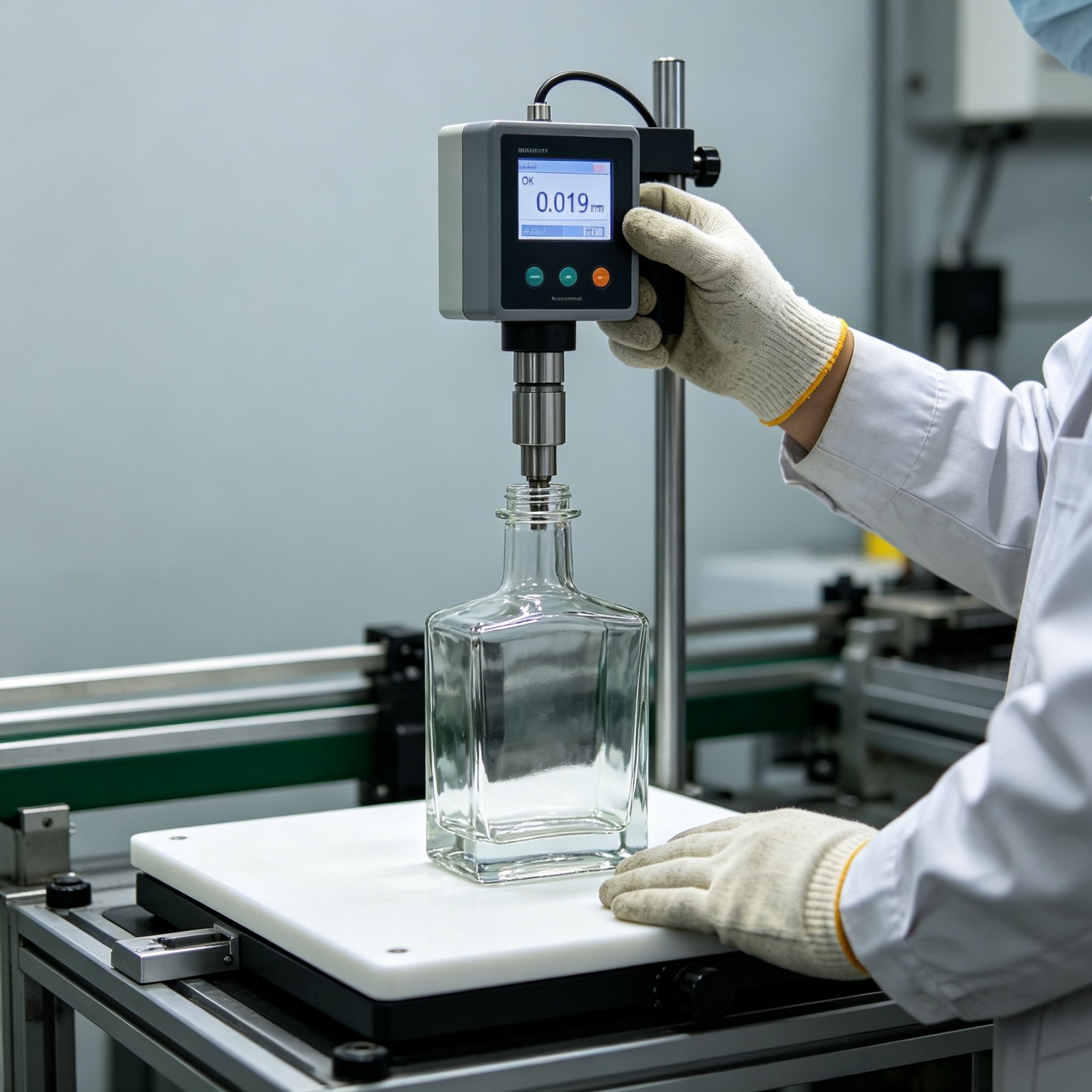 Air gauge 100% bore diameter inspection on glass rum bottle neck — every bottle measured