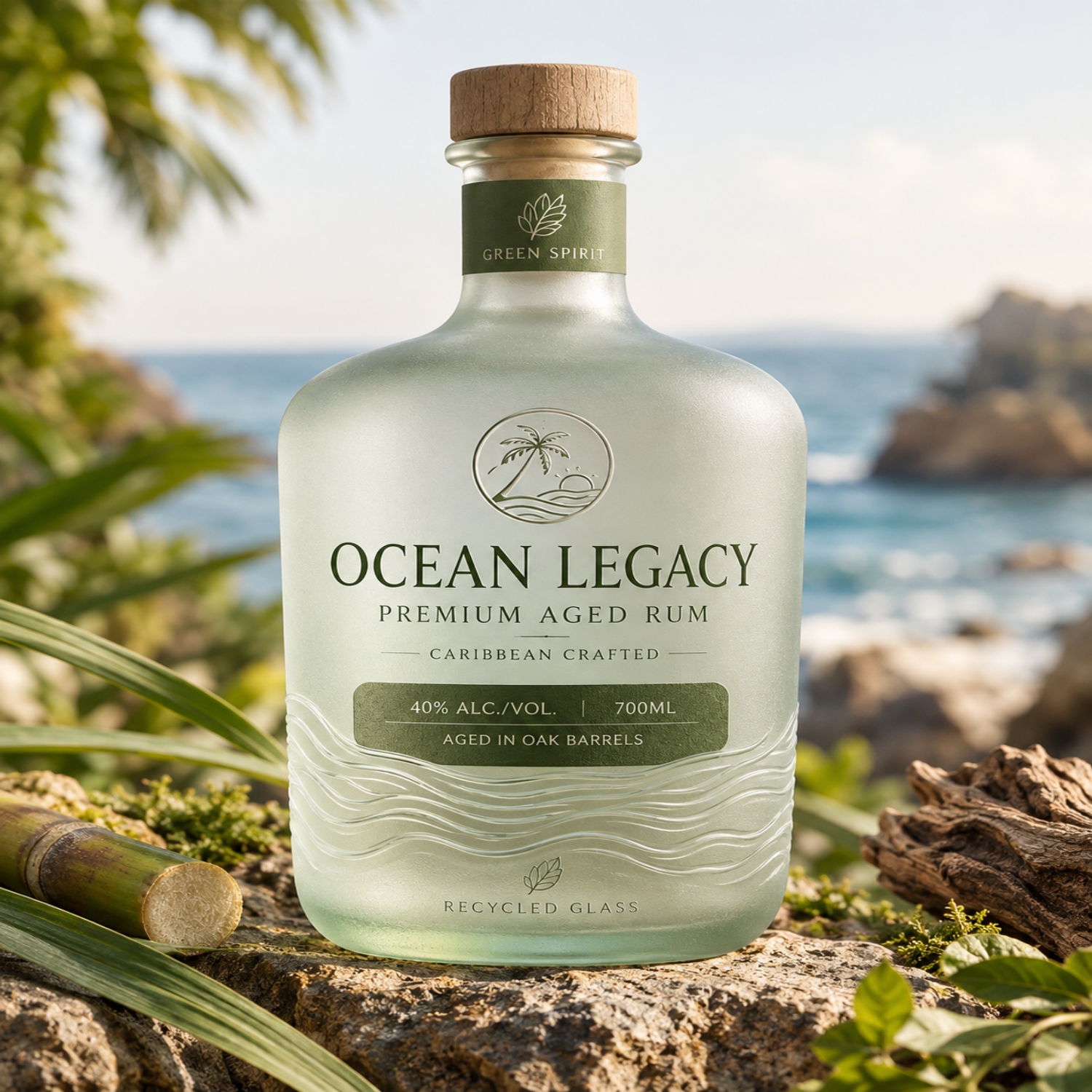 Eco-Friendly Frosted Glass Bottle Design | Ocean Legacy Premium Rum Bottle