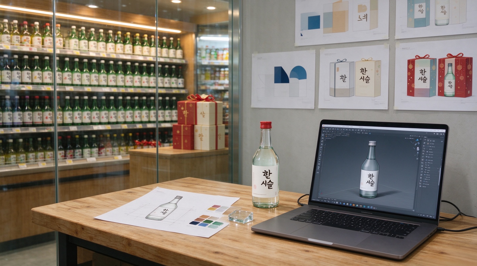 Seoul design studio and Korean premium soju brand display — convenience store and gift channel context