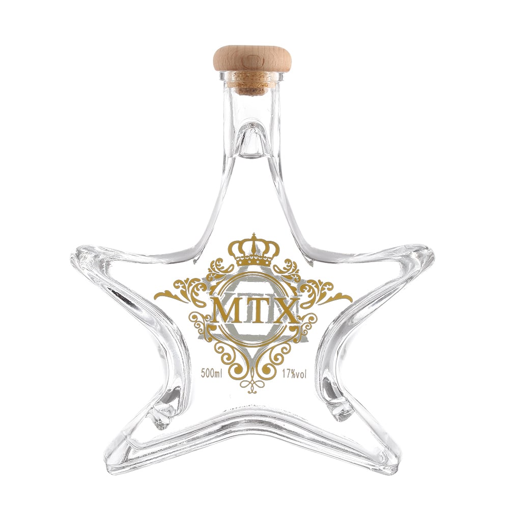 High-quality high-clarity crystal glass liquor bottles with custom gold stamping / decal printing craftsmanship. Spirit bottles available in 700mL / 750mL / 500mL. Equipped with cork stoppers and custom glass caps.