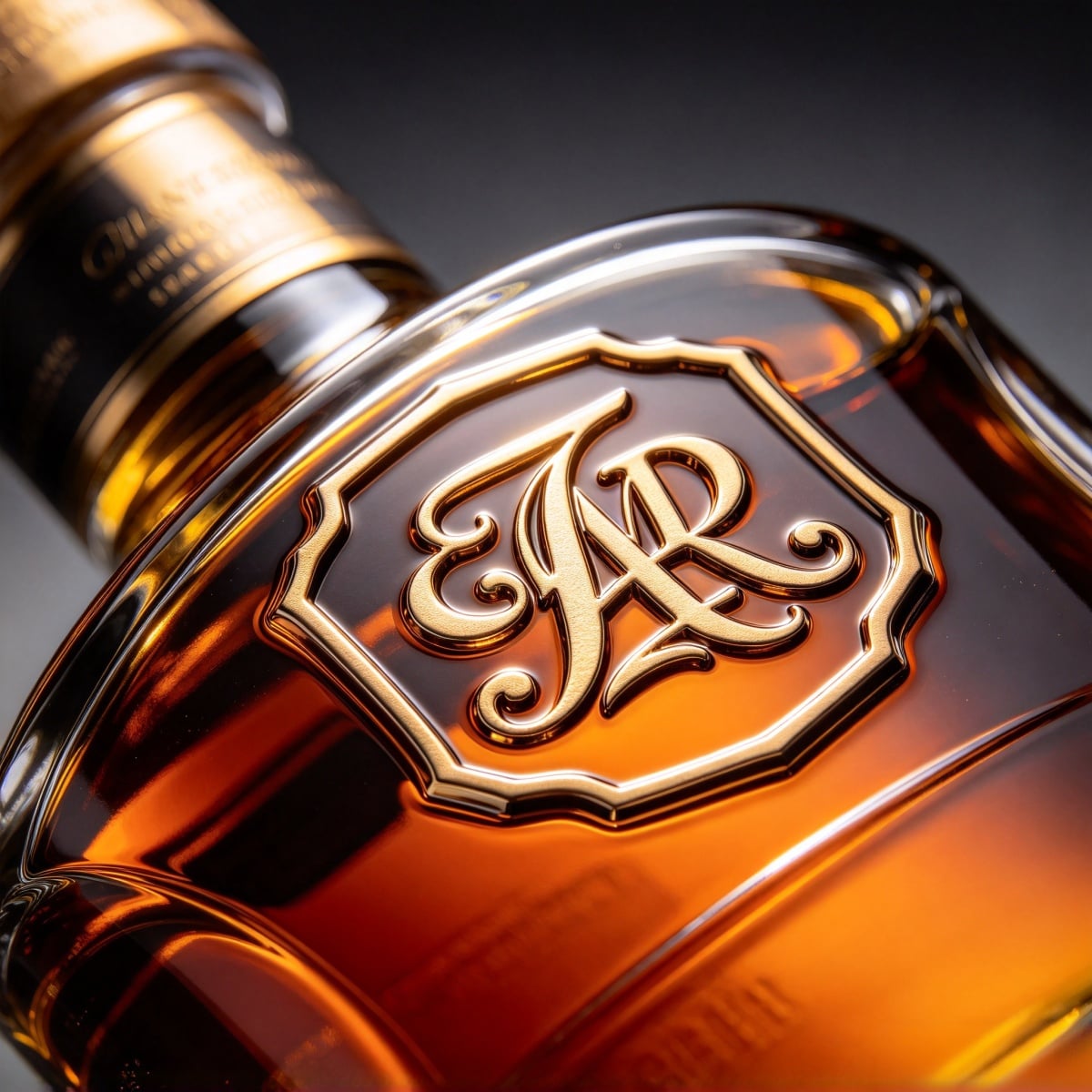 Embossed liquor bottle logo macro close-up — tactile branding detail on premium glass shoulder
