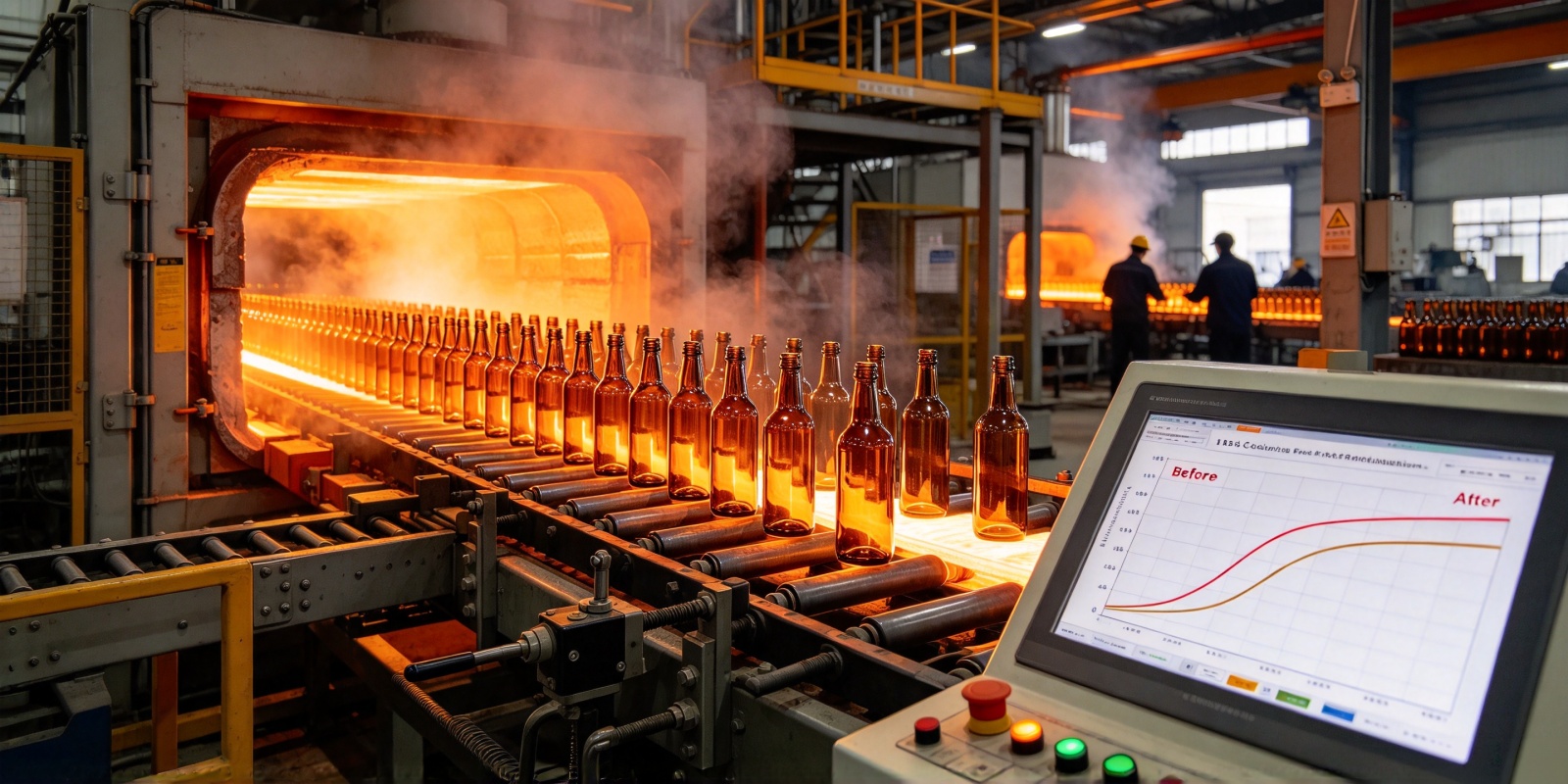 Glass bottle annealing lehr temperature curve comparison — original aggressive curve versus optimized slower cooling