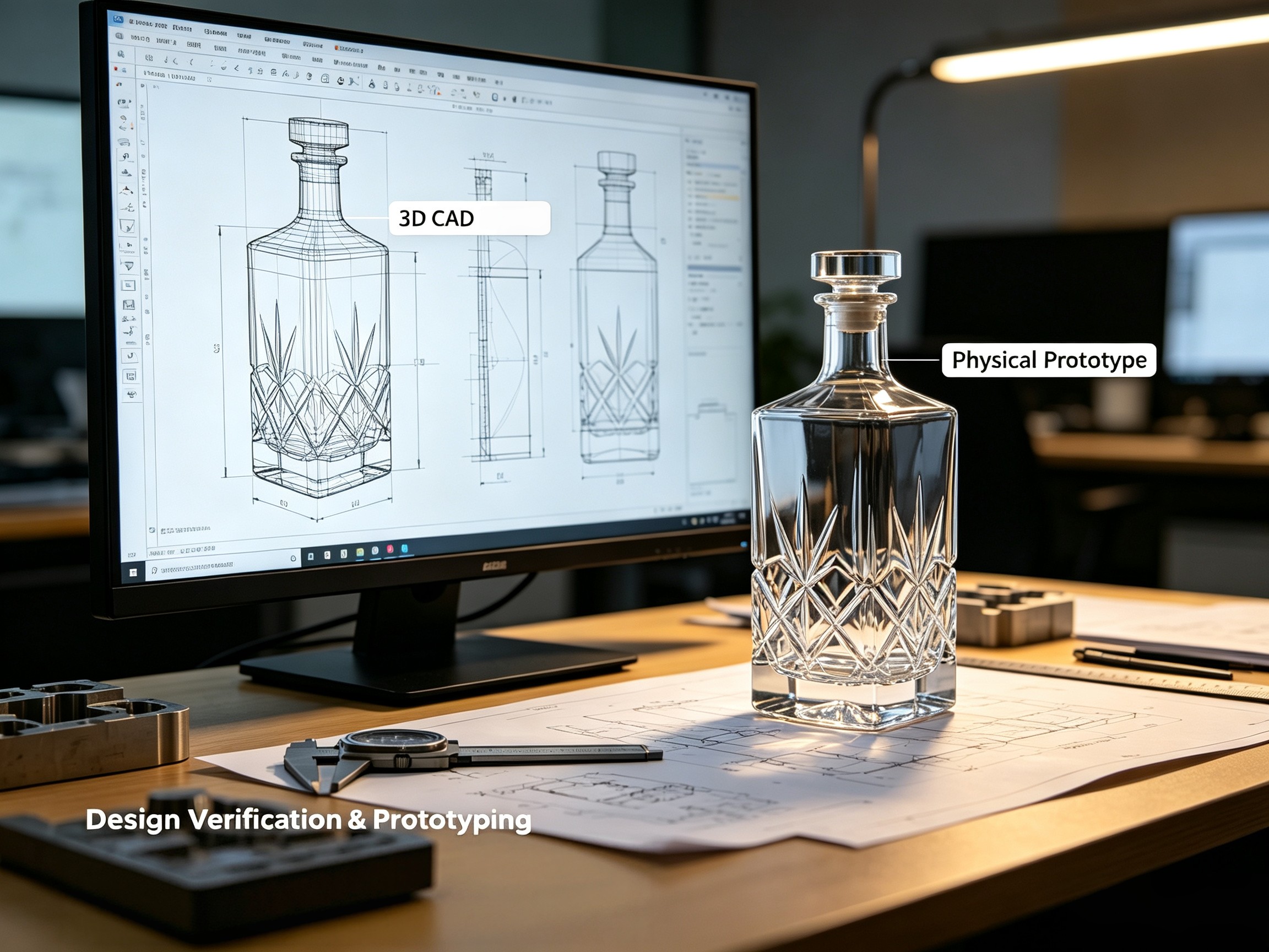 3D CAD design and physical prototype of custom whiskey bottle
