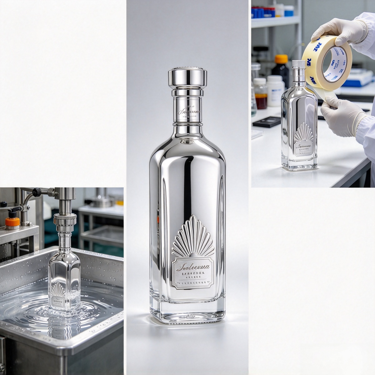 Electroplating process test on glass bottles — uniform silver coating and 3M tape adhesion