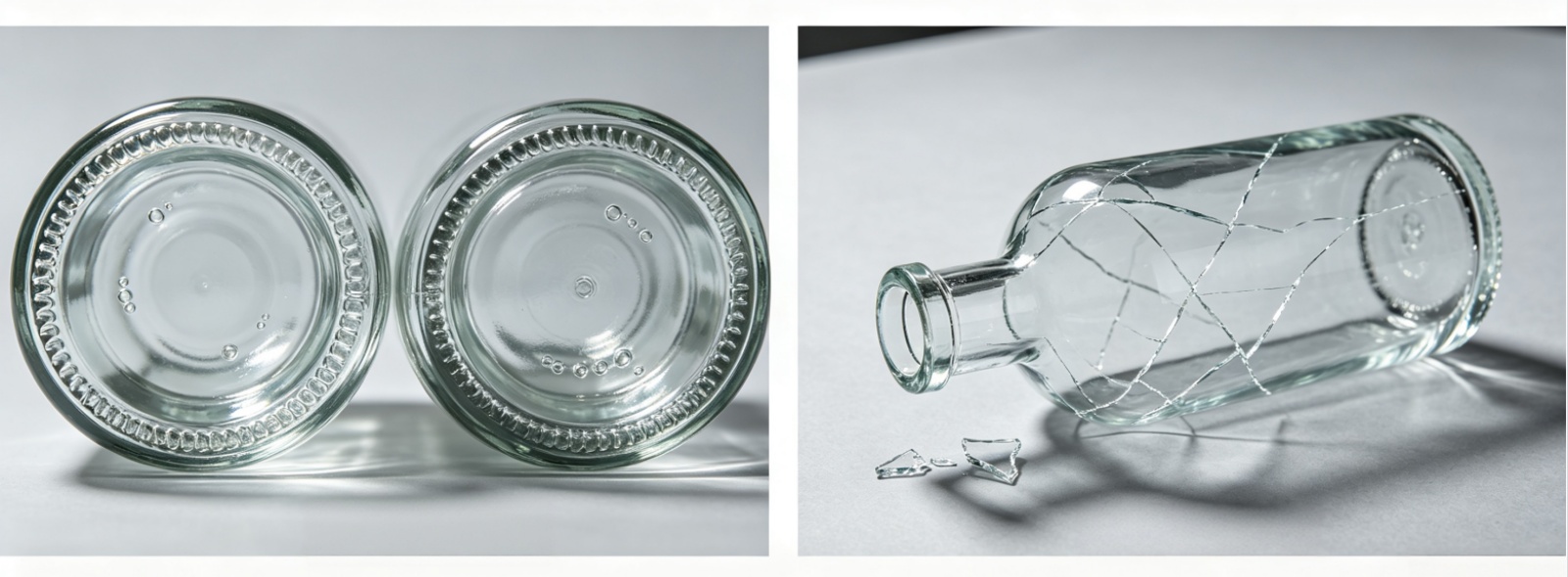 Uneven glass wall thickness and hairline crack on rum bottle — common forming defect