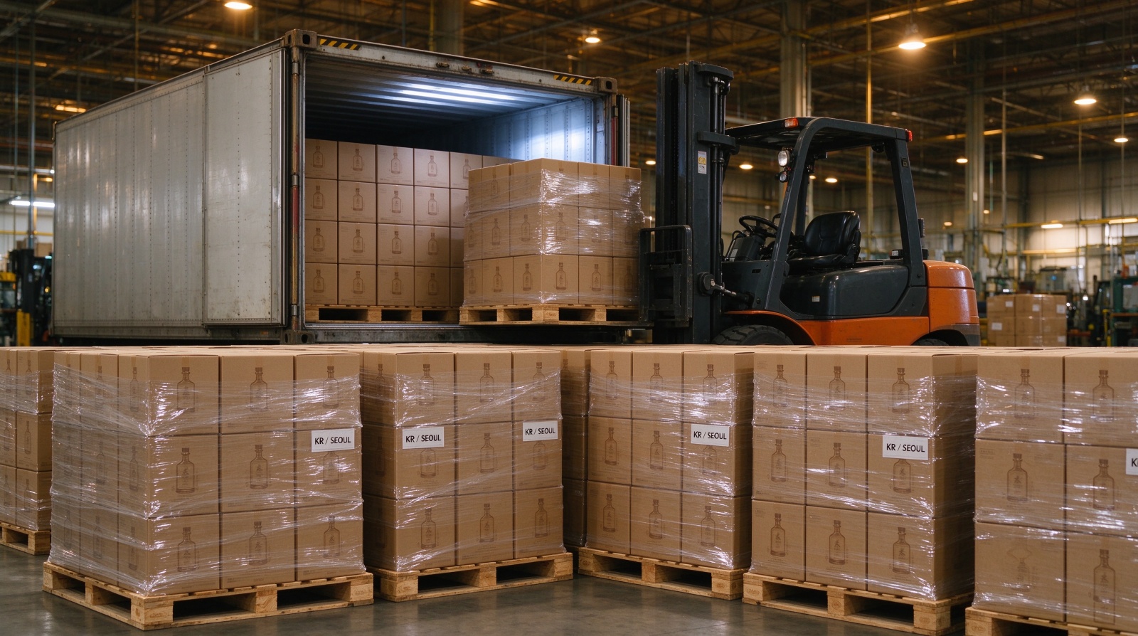 200,000 custom soju bottles on pallets ready for container loading — 18-day logistics execution