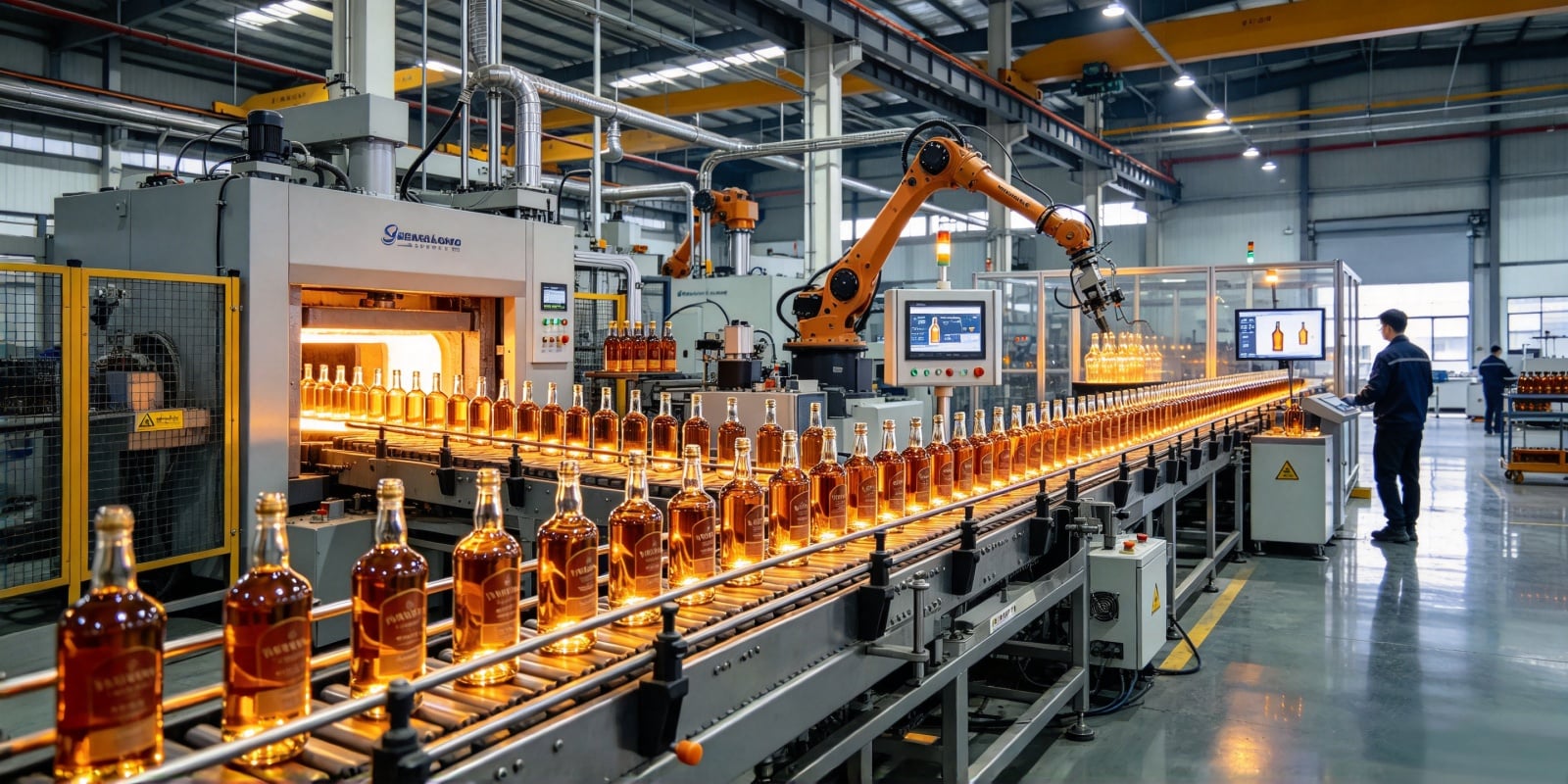 Modern glass bottle factory production line — automated forming, inspection and in-house manufacturing capabilities