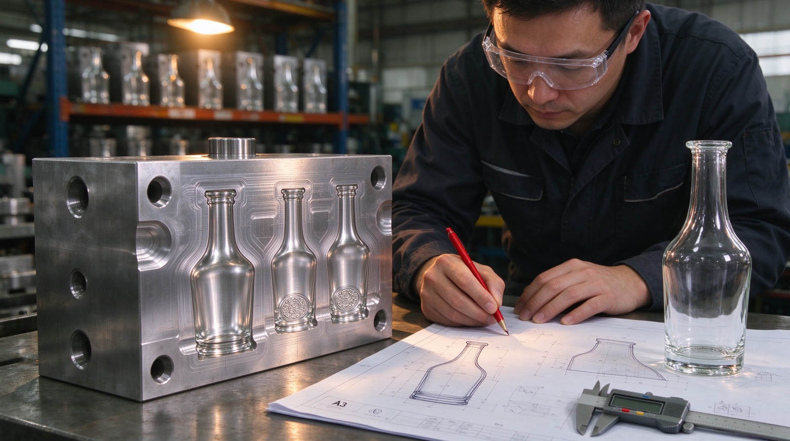 Custom soju bottle mold confirmation — engineer reviewing technical drawings in factory workshop