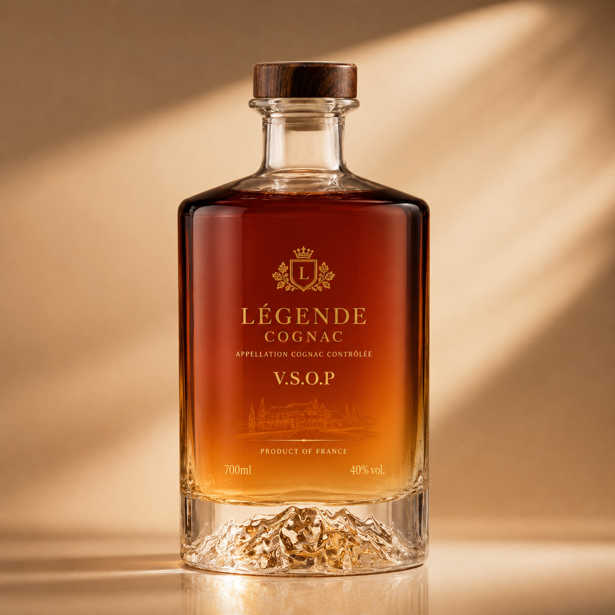Fransk elegance, bjerge i en flaske – LÉGENDE V.S.O.P cognacglasflaske, studie af brugerdefineret flaske