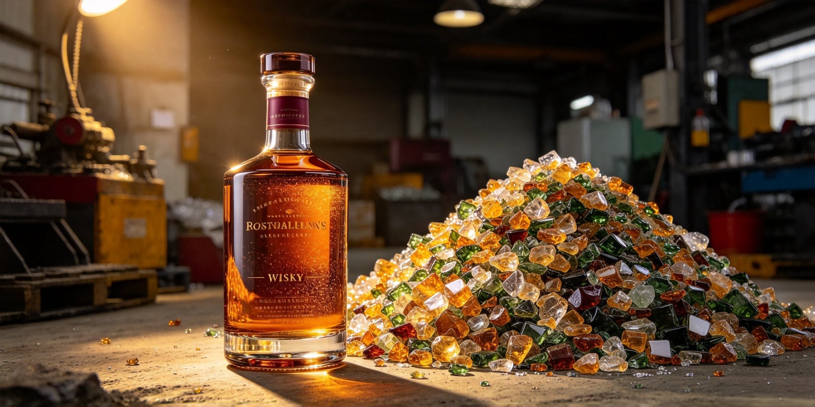 Recycled glass spirits bottle with cullet material in background — sustainable premium packaging