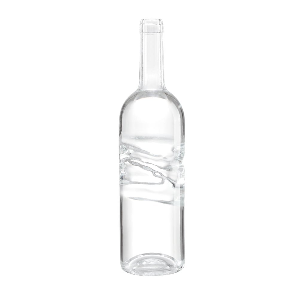 750ml Crystal White Glass Spirits Bottle with Artistic Hand-Contour Design Ideal for brandy, whisky, vodka, rum, tequila and other distilled spirits. Customization available: frosting, colored coating, and decal printing. Cork stoppers can be provided.