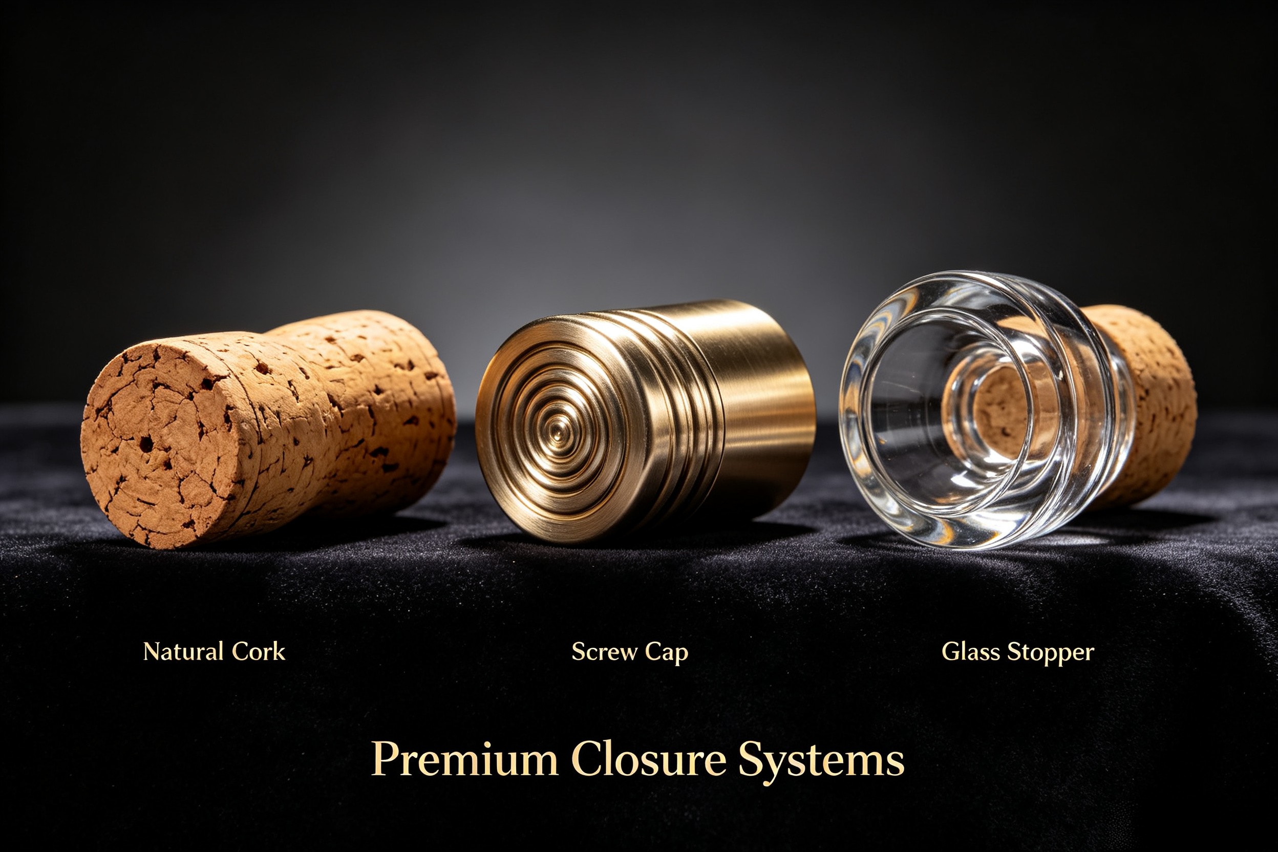 Close-up of whiskey bottle closures — cork, screw cap and glass stopper