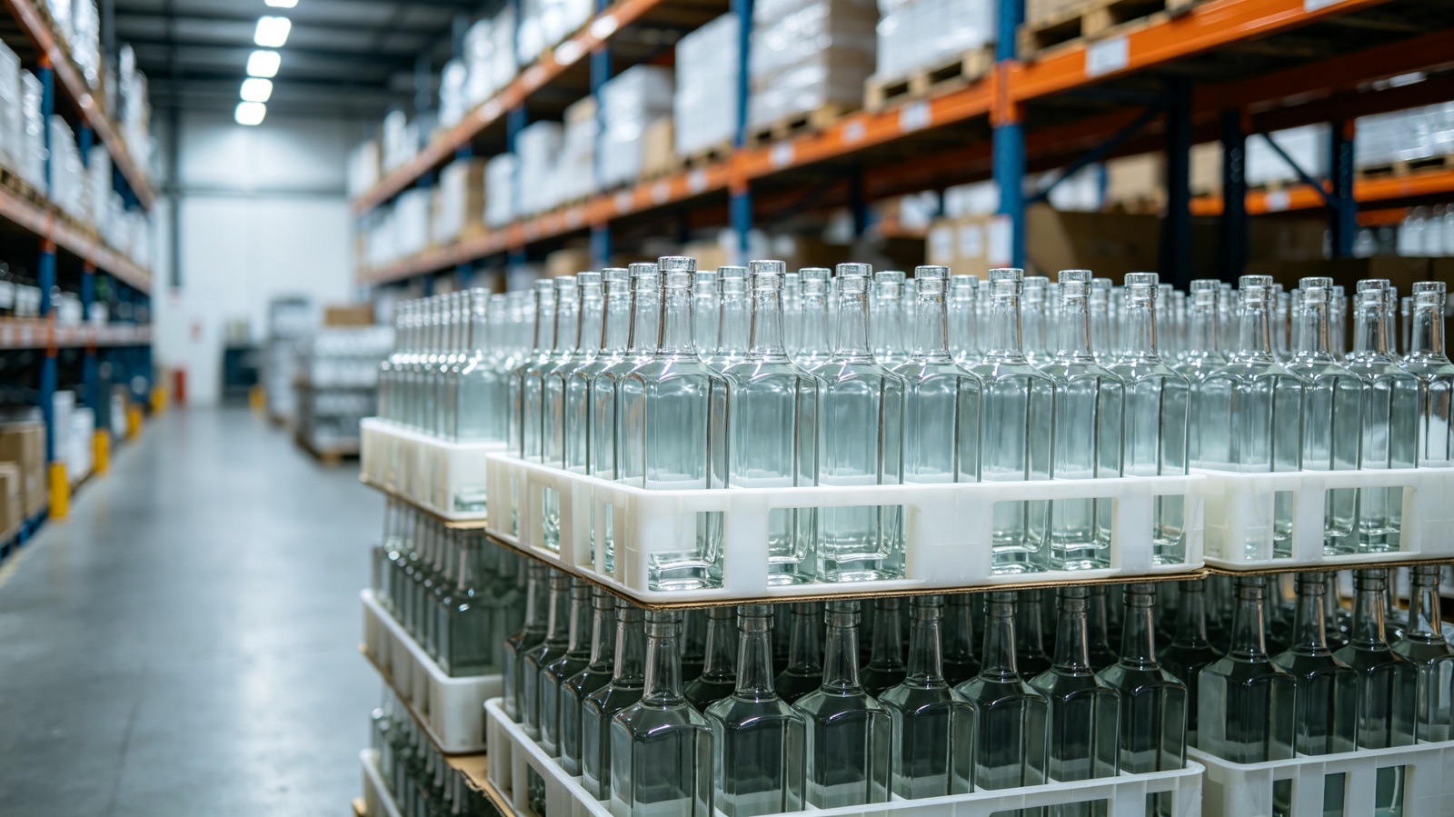 Neatly stacked pallets of finished rum bottles in export warehouse