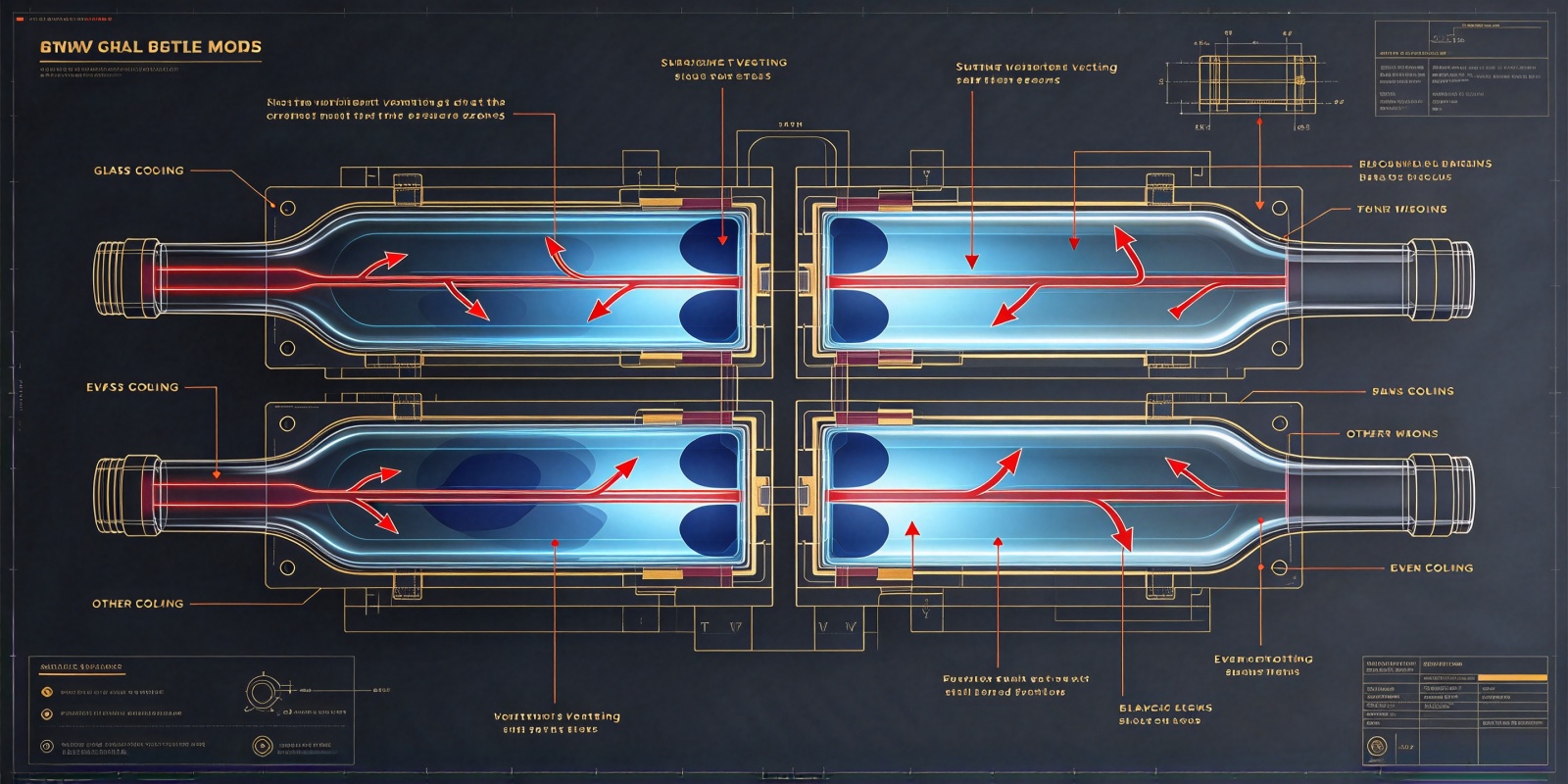 Four-panel glass bottle mold cross-section showing uneven venting and localized vacuum pressure — root cause analysis
