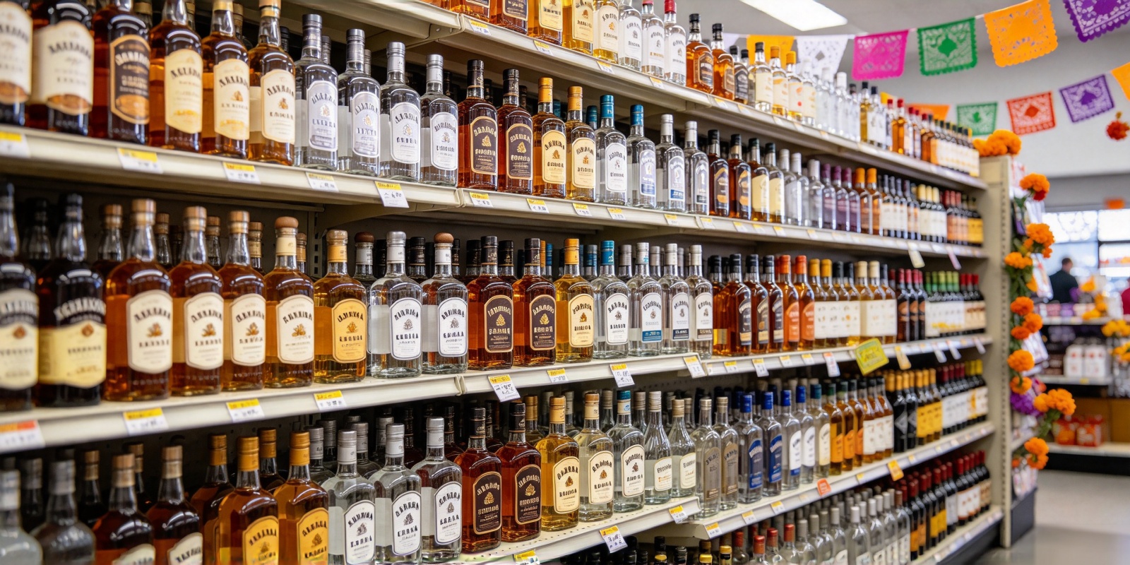 Texas liquor retail shelf display with premium tequila bottles — client background
