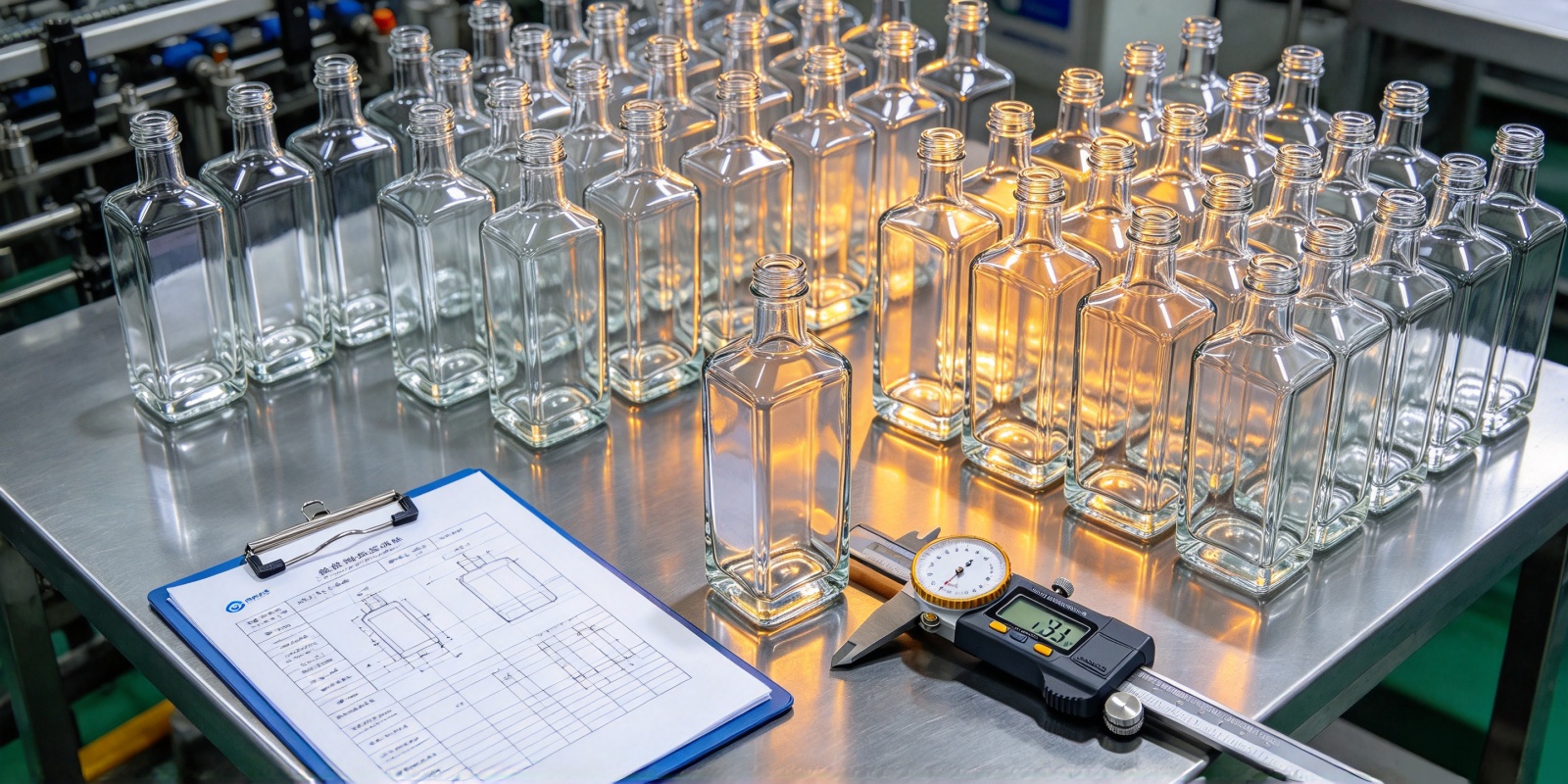 300-unit trial batch of four-panel glass bottles with flatness inspection on quality control bench