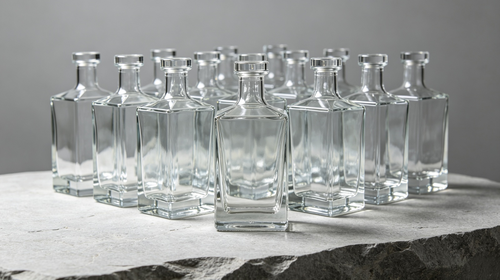 Six identical 700ml square rum bottles with cork stoppers — glass thickness consistency case study