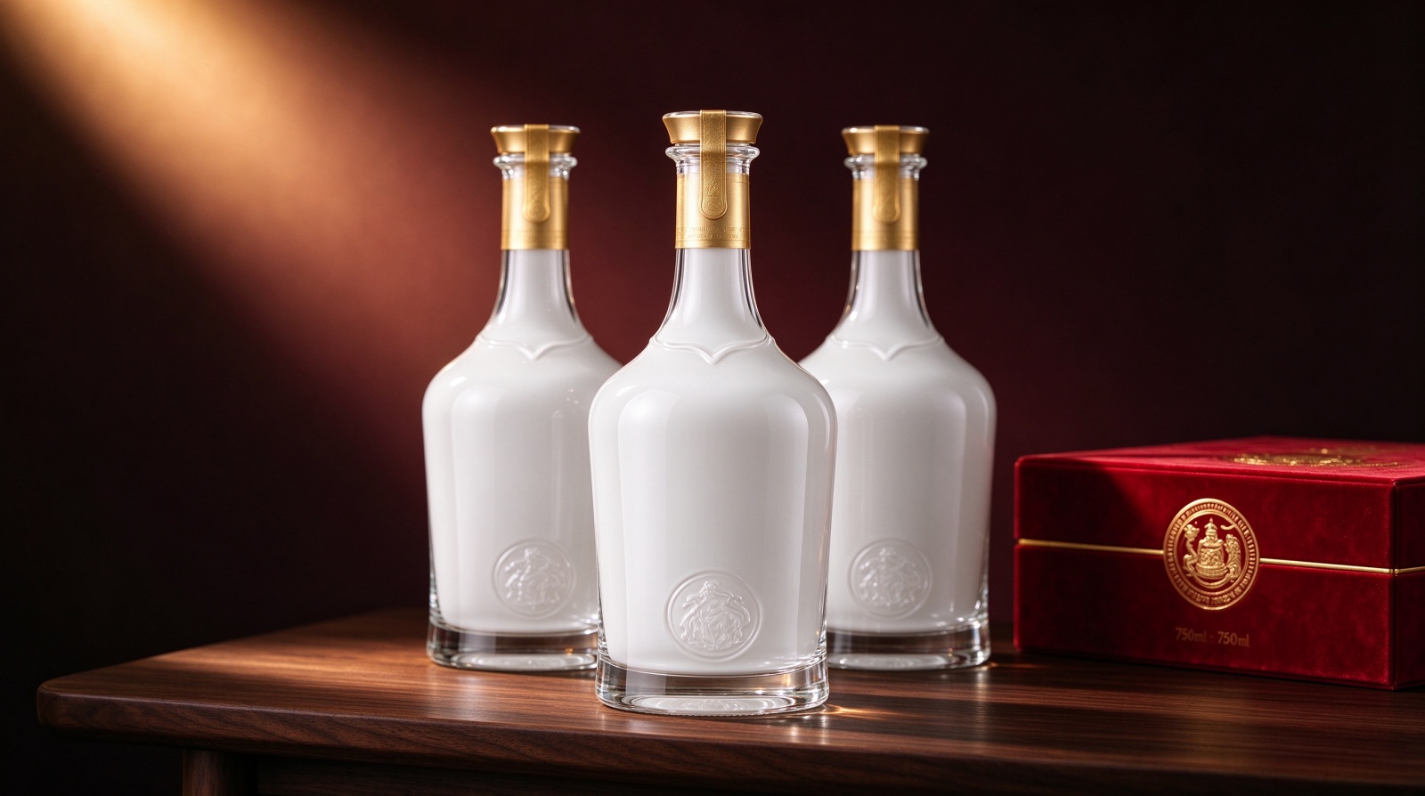 Finished 750ml custom soju bottle — high-white glass with custom shoulder curve and embossed base, New Year gift edition