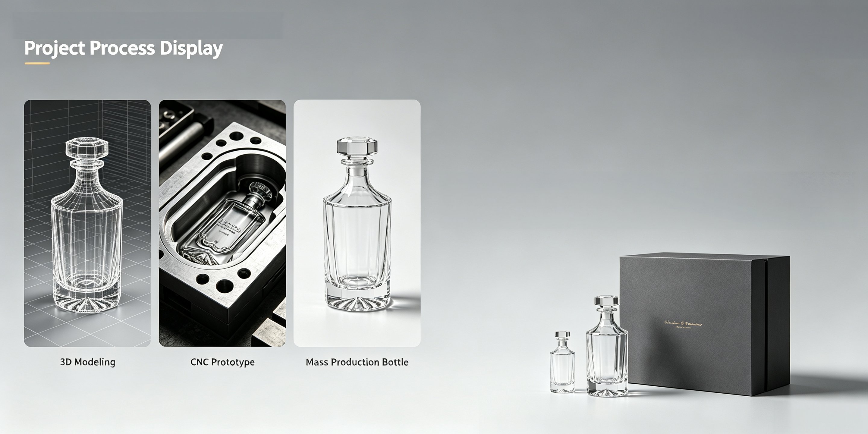 Custom spirits bottle process — from sketch and 3D rendering to mold and finished bottle