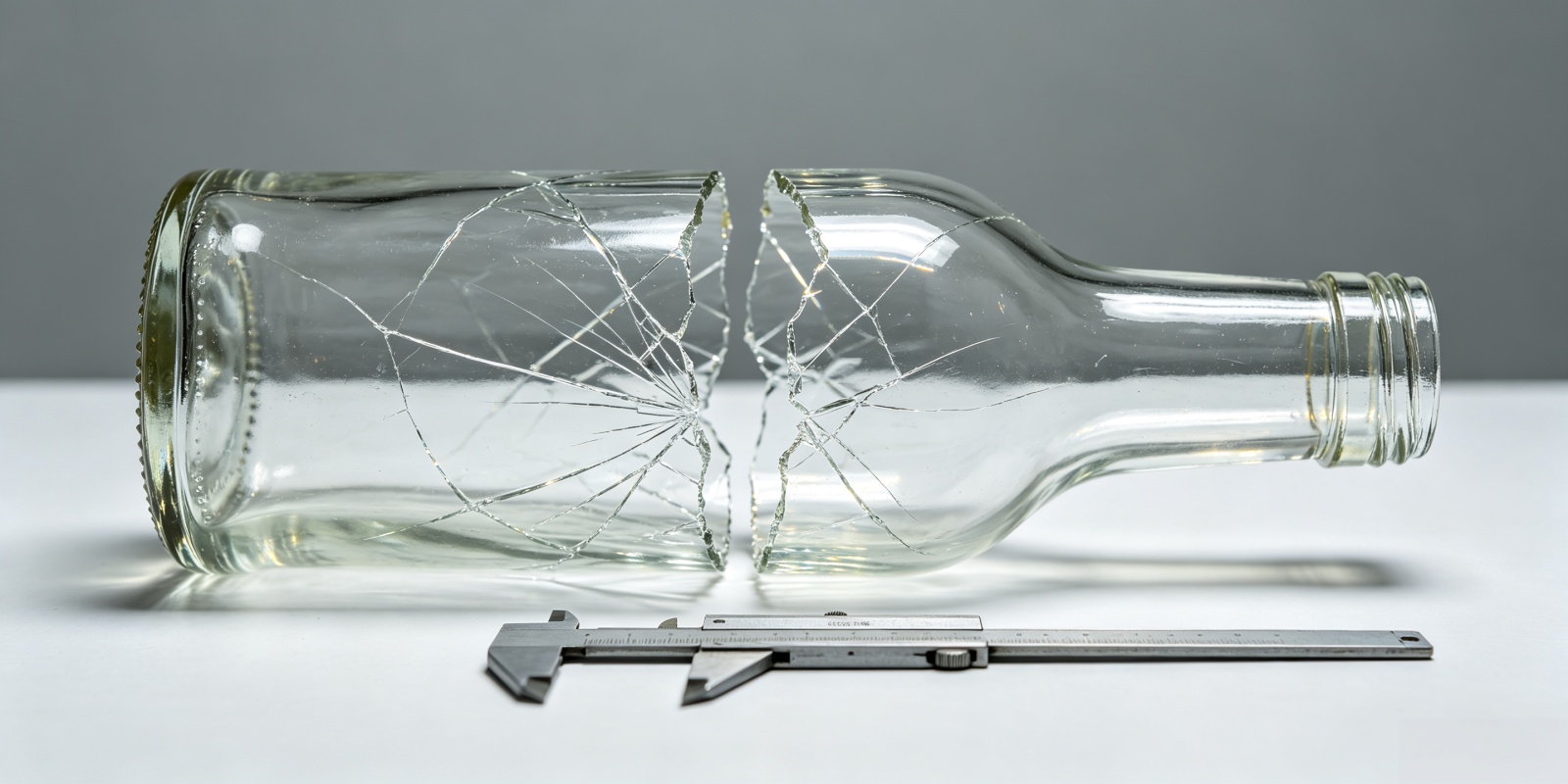 Broken rum bottle fracture surface under macro inspection — stress points and micro-cracks