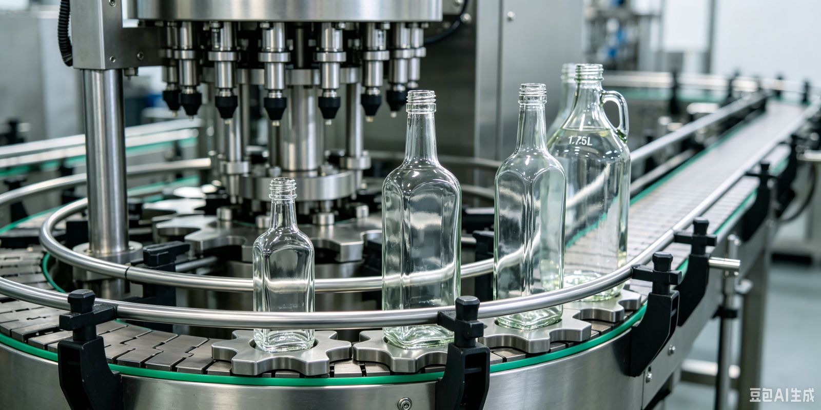 Multi-format spirits bottle filling line changeover — star wheel and guide rail adjustment