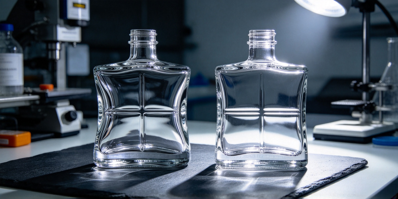 Four-panel glass bottle concave deformation defect comparison — before and after mold redesign