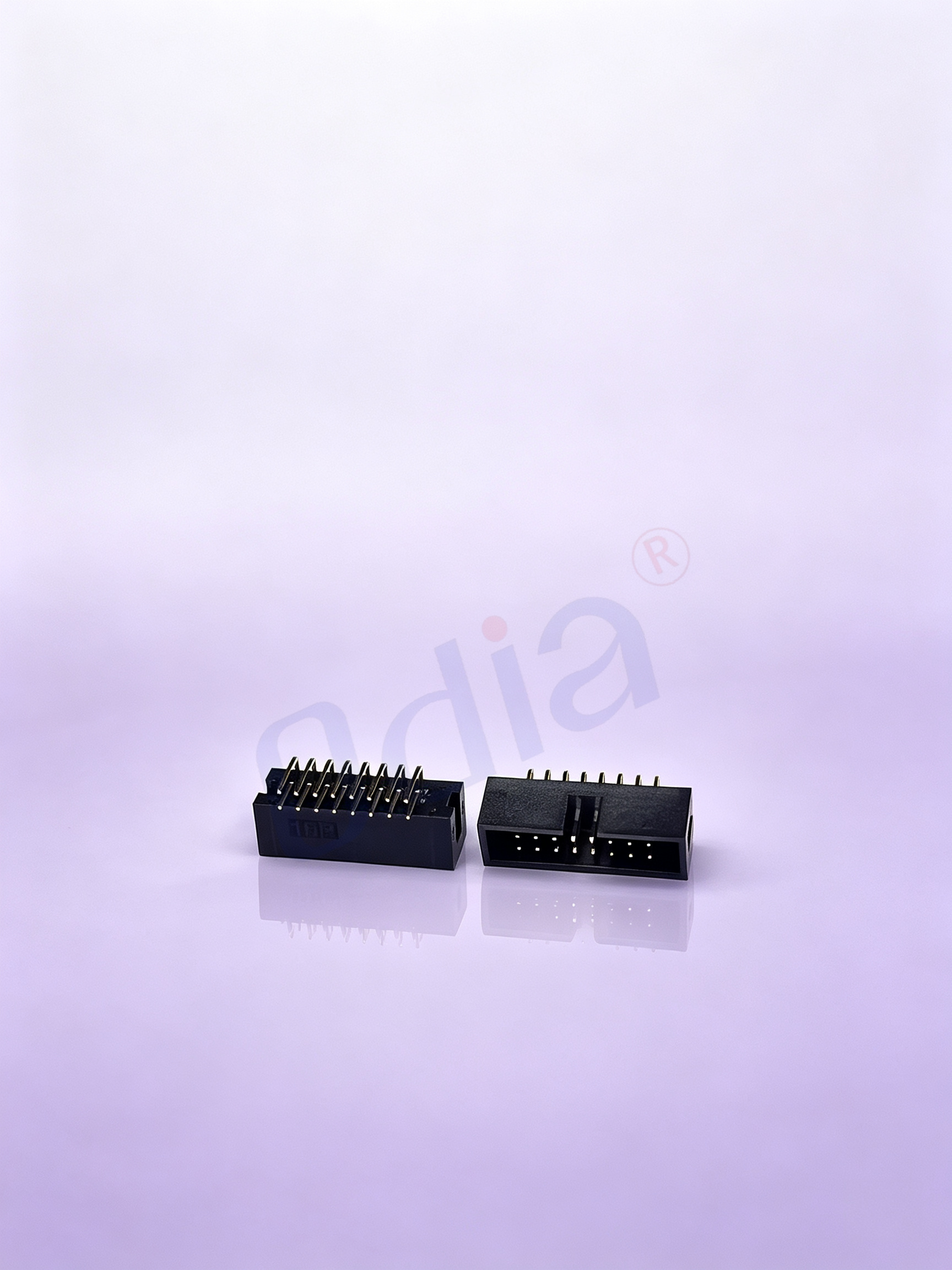 Jednoduchý zásuvný konektor typu box, dvojřadý 2 × 8p, rozměr 2,54 × 9,0 mm, pravý úhel, osazení přes desku, středová vzdálenost kontaktů (PC) = 3,15 mm